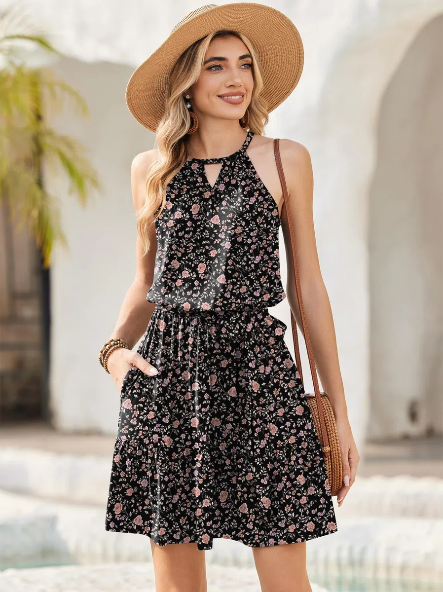 Zeagoo Vestido de Verano para Mujer Sin Mangas con Cuello Halter Vestidos Informal Vestido con Bolsillos Elegante Vestidos Invitada S-XXL