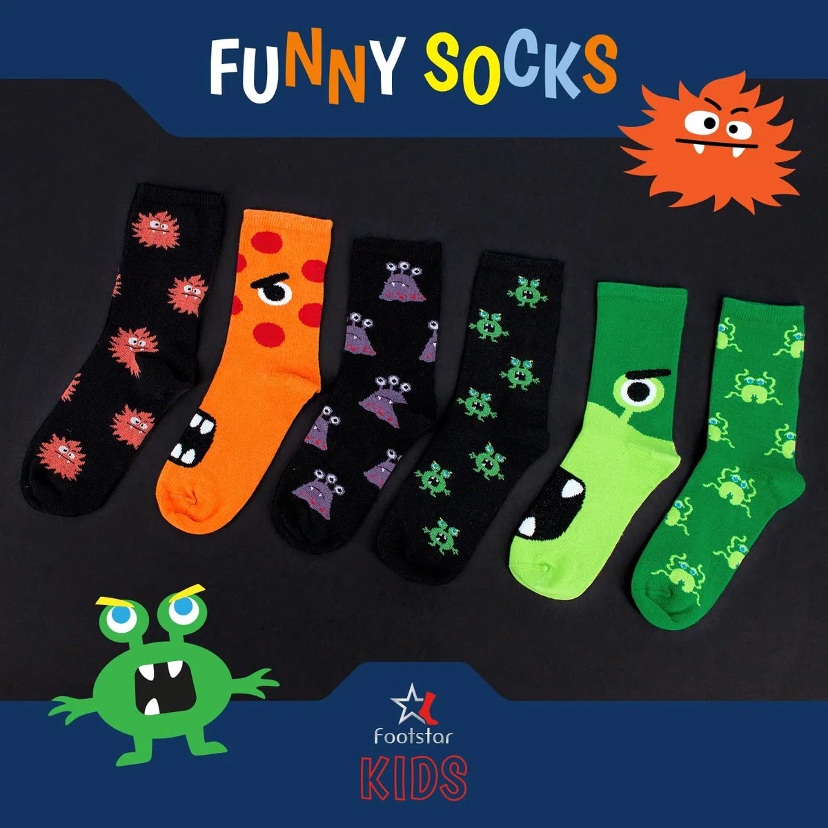 Footstar Calcetines básicos de algodón coloridos (6 pares) con divertidos motivos para niñas y niños