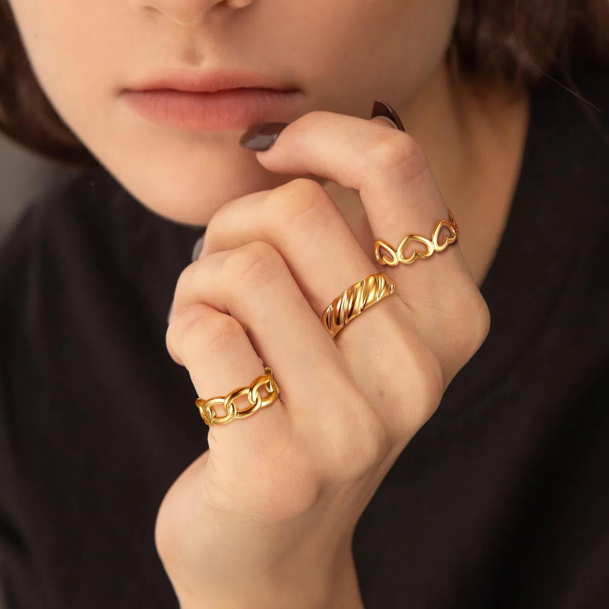 Diamday Anillos Chunky Dorados para Mujeres de Acero Inoxidable 14K Ajustables Apilables con Diseño de Cúpula Grosor Trenzado Retorcido y de Nudillo para Dedos