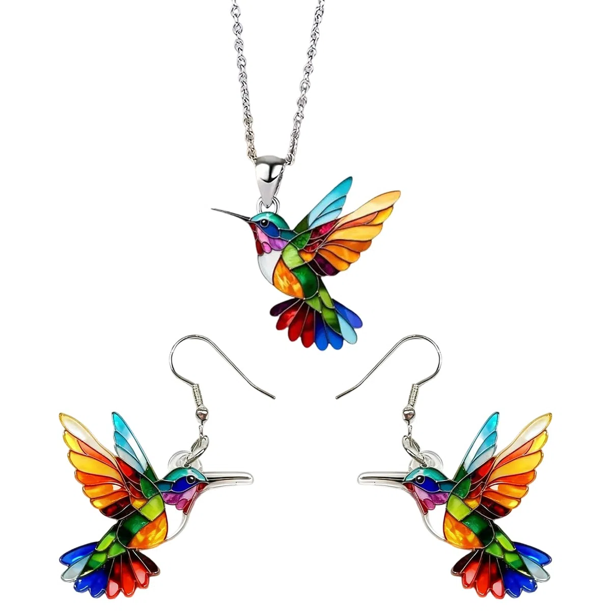 Collar de colibrí, aretes de gota de colibrí, colgante colorido acrílico 2D, regalos de Navidad para mujeres amantes de los pájaros