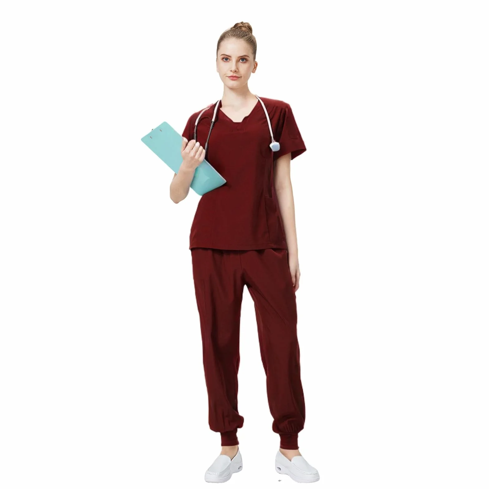 Médico Uniforme Conjunto de manga corta con cuello en V Top con pantalones cónicos Elástico Sudor Absorbente Suave Lavado a mano Estética Médica DK06
