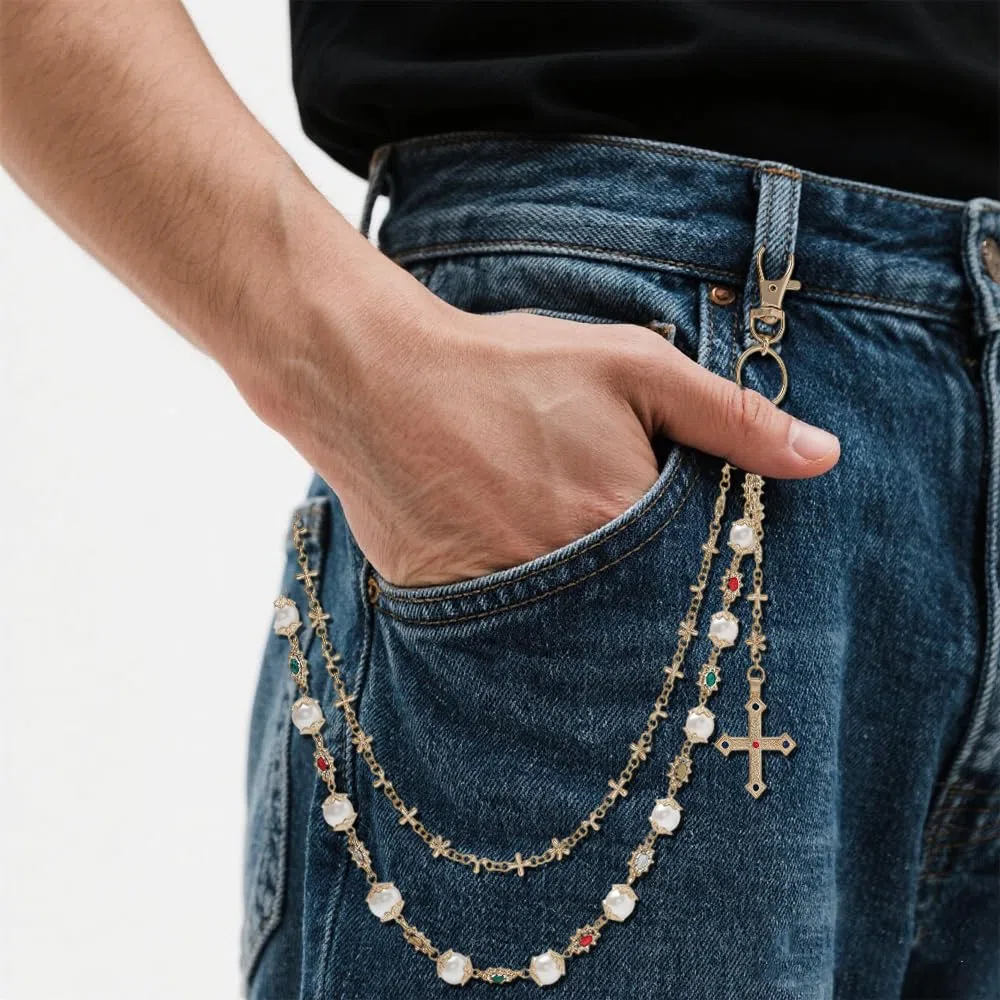 Cadena Pantalón Perlas Elegante Moda Urbana Con Colgante Cruz Accesorio Jeans Mujer Joyería Streetwear (dorado 01728)