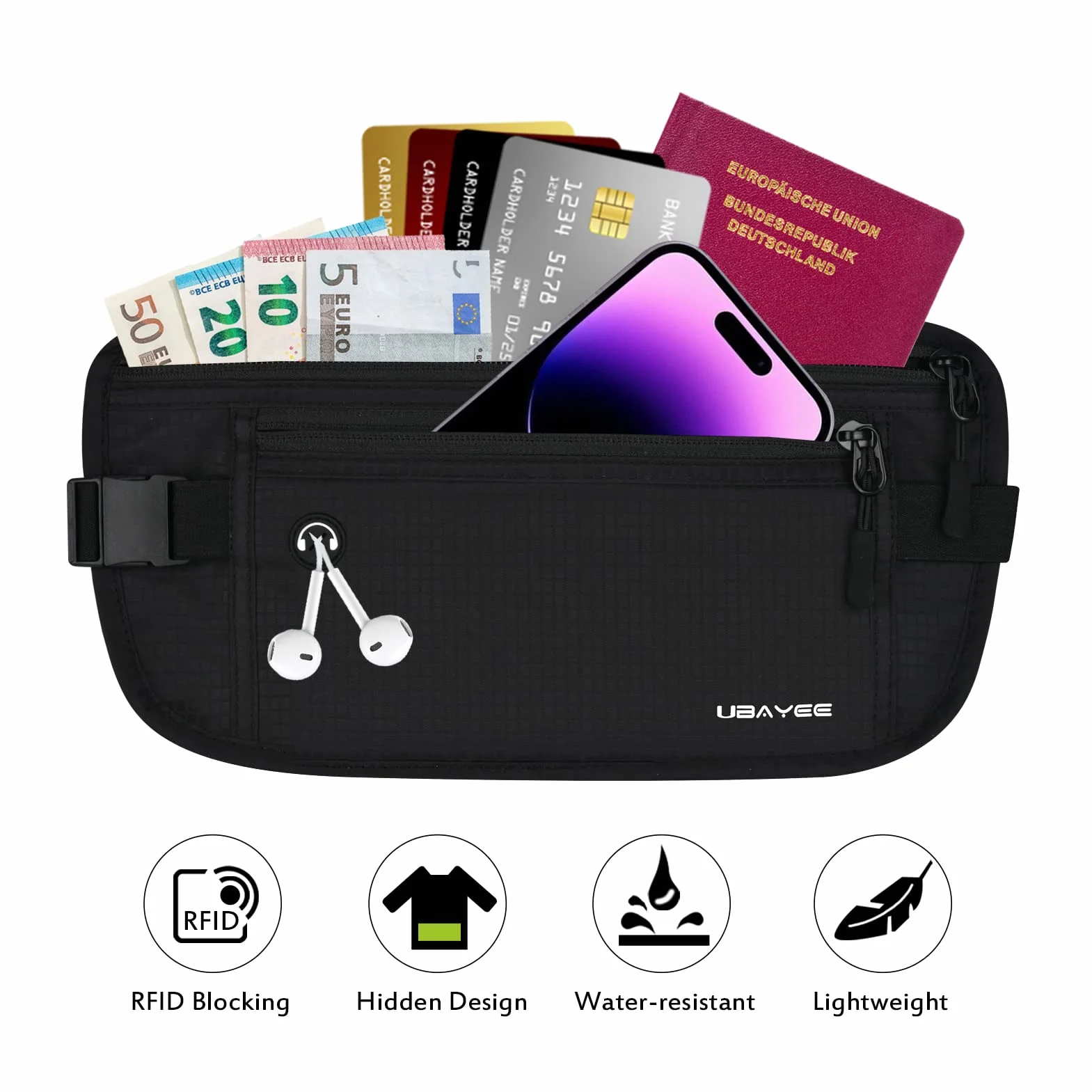 Riñonera Interiore de Viaje con Tecnología RFID, Cinturón para Dinero y Portapasaporte, Negro