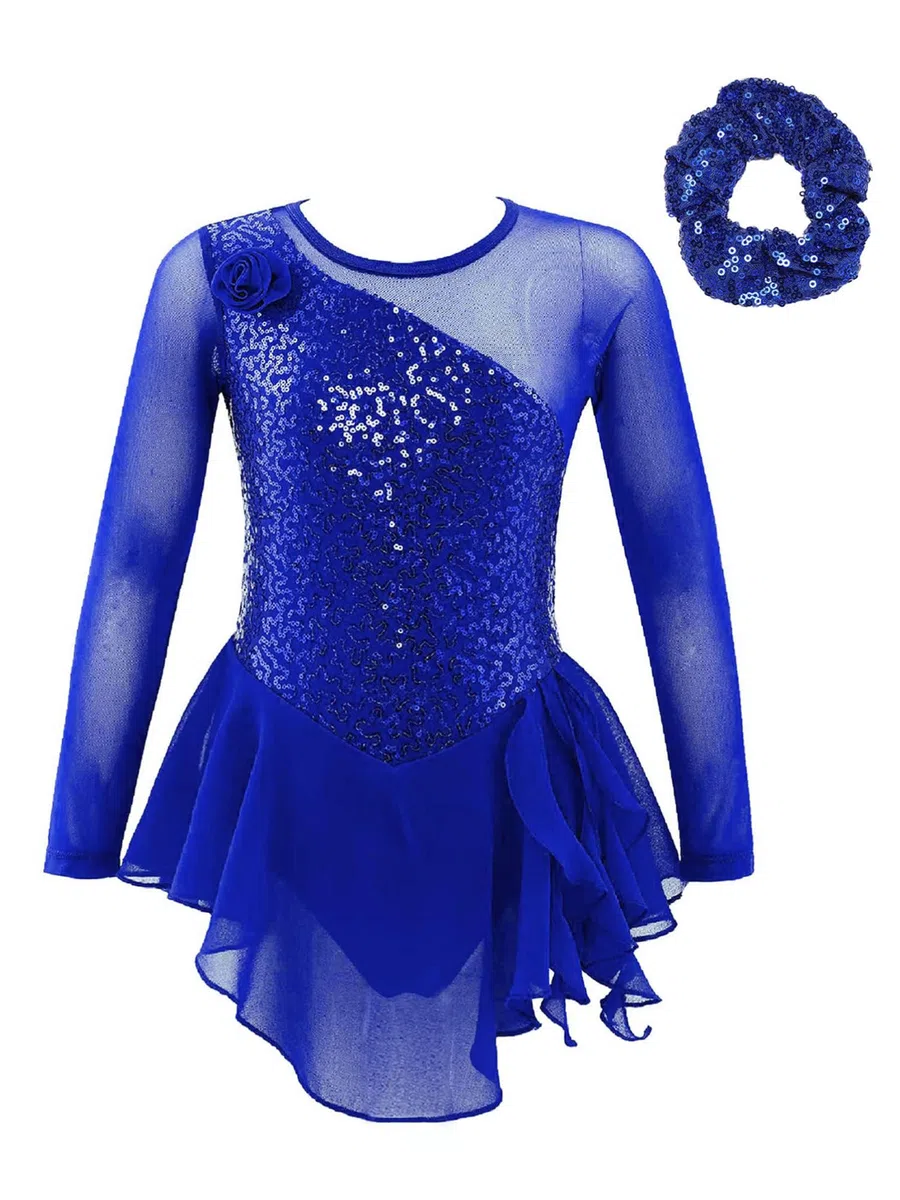 Alvivi Vestido Baile de Patinaje Artistico Niña Brillantes Maillot con Falda Gimnasia Rítmica de Manga Larga con Diadema Traje Patinaje Competición Niña