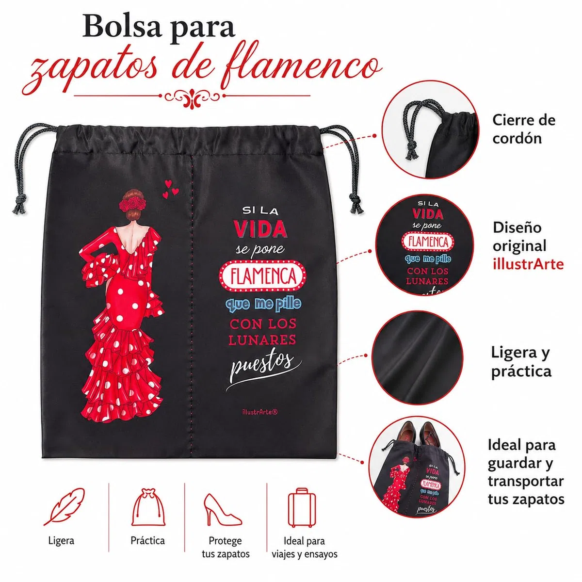 Bolsa para Zapatos Flamenca Macarena illustrArte – 40 x 40 cm – con Cordón de Cierre y Doble Compartimento – Separador para Cada Zapato – Bolsa de Viaje para Calzado