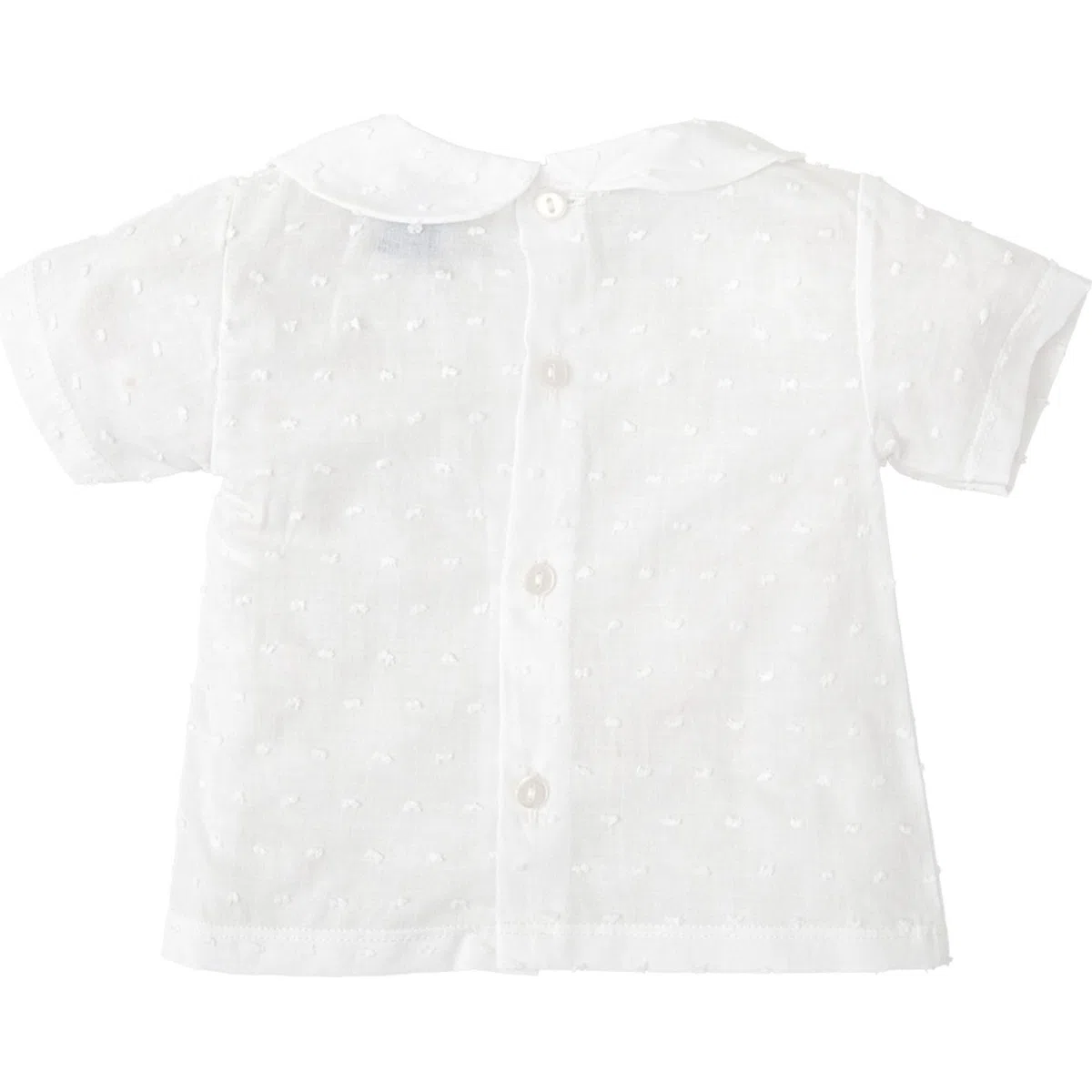 BABIDU Camisa Bebé Niña Algodón Plumetti Blanco, Cuello Bebé Redondeado, Manga Corta, Cierre en Espalda con Botón, Tejido Ligero y Fresco para Verano, Ideal para Looks Elegantes