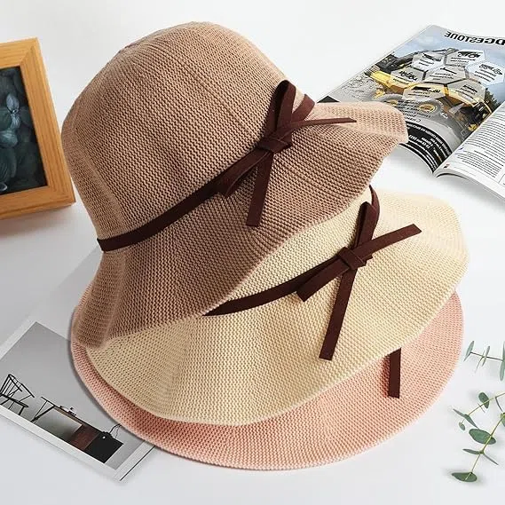 Sombrero Playa Mujer Verano UPF 50+ Gorro Sol de ala Ancha con Decoración de Lazo Playa Accesorios Plegable Gorra de Sol para Viajes Vacaciones (Caqui)