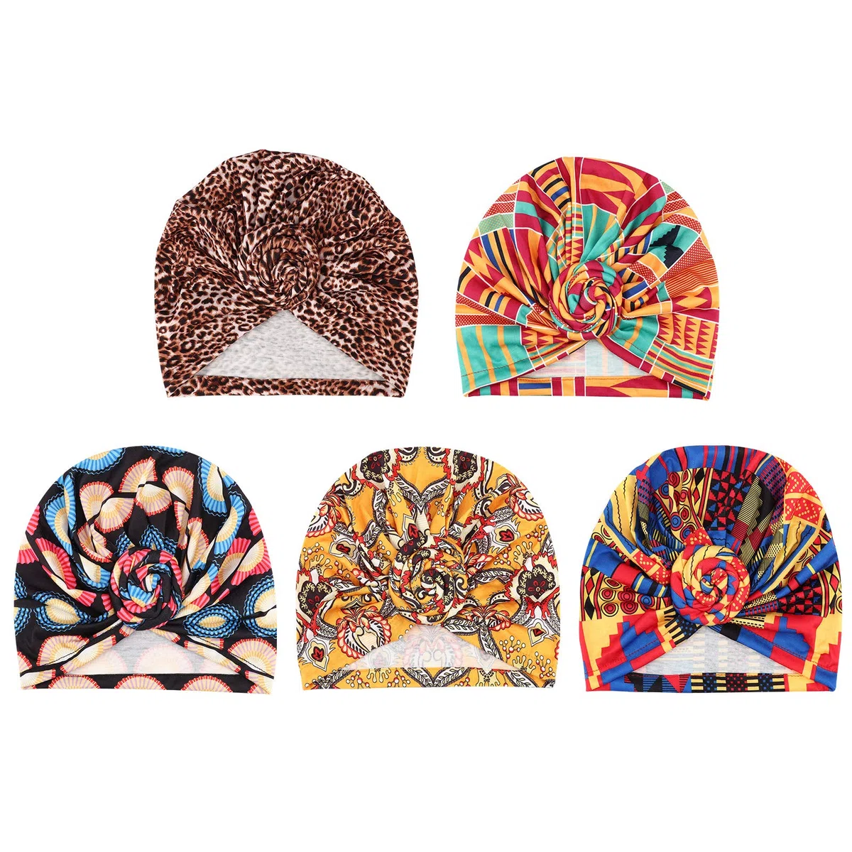 DRESHOW 5 Piezas Africano Turbante para Mujer Gorro de Nudo Pre Atado Suave Pañuelo de Cabeza Plisada de Moda Gorra de Dormi