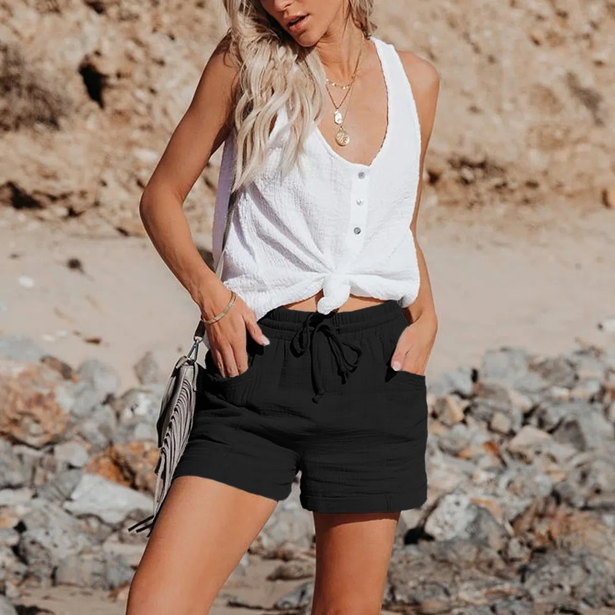 Pantalones Cortos Sueltos de Verano para Mujer CóModos Pantalones Cortos de AlgodóN y Lino para Mujer con Bolsillos Pantalones Casuales de Verano con CordóN de Cintura Alta