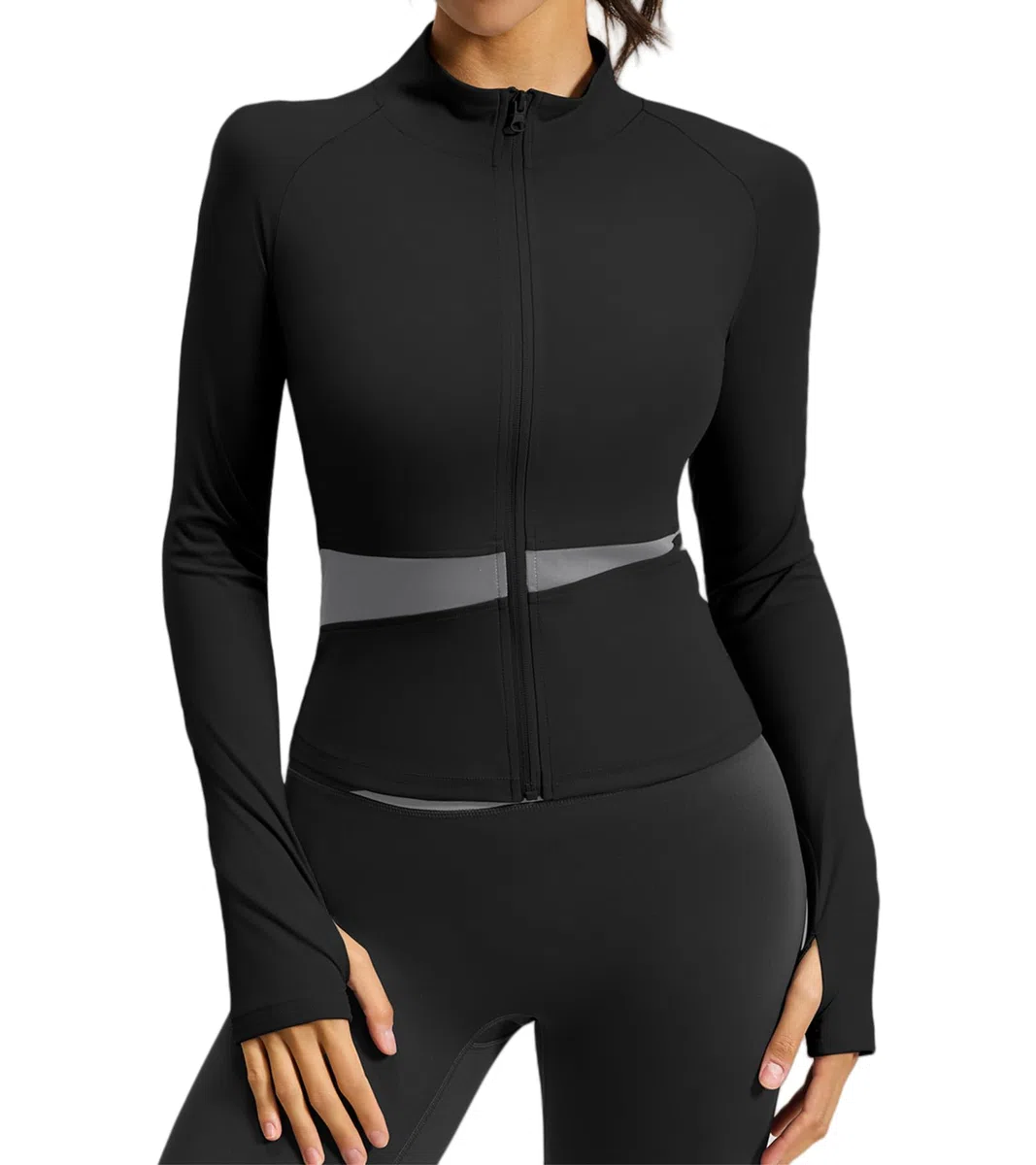 Chaqueta Deportiva Mujer Manga Larga Corriendo Tops Ligero Transpirable con agujeros para el pulgar con Cremallera Yoga Ropa Ajustada Chaqueta de Entrenamiento Fitness Correr Gimnasio