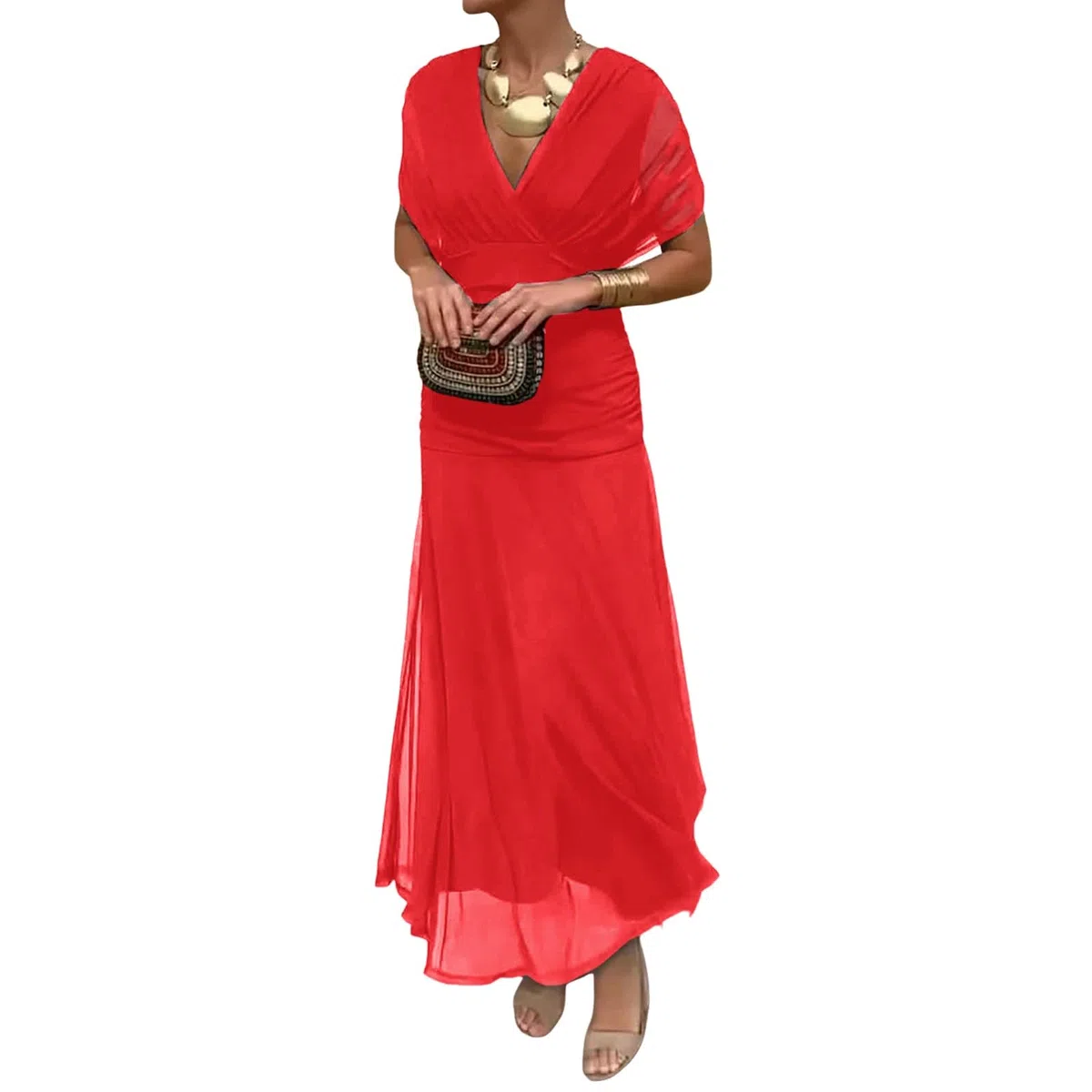 Vestido largo de gasa con hombros descubiertos para mujer, cuello en V profundo, manga corta, cintura fruncida, fluido, elegante, para fiesta de noche, cóctel, formal, vestido de invitada de boda