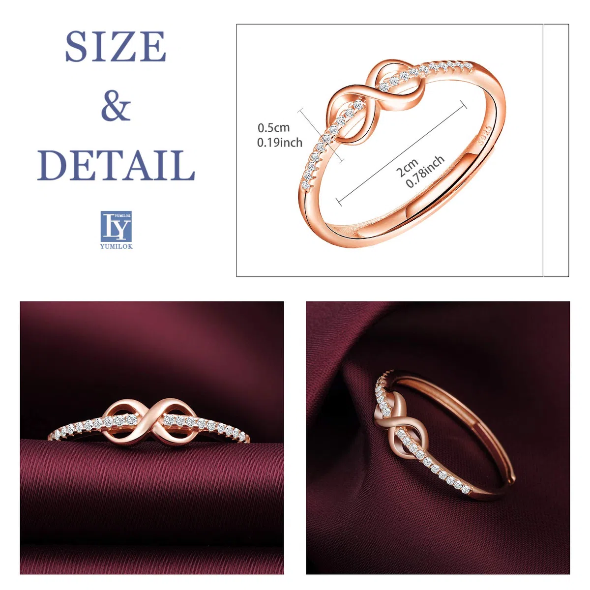 Yumilok - Anillo de plata 925, anillo ajustable para mujer, anillo de compromiso abierto, anillo símbolo de infinito, anillo de boda, talla ajustable, circonita incrustada, para Navidad y cumpleaños,
