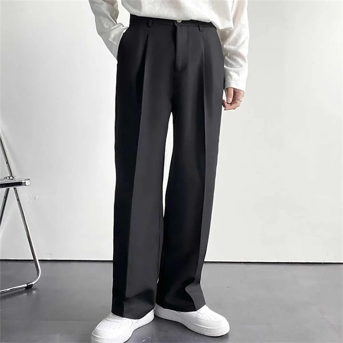 Traje formal para hombre con bolsillos inclinados, tubo recto, ajuste holgado, color sólido, cómodo, a la moda, casual, pantalones de memoria