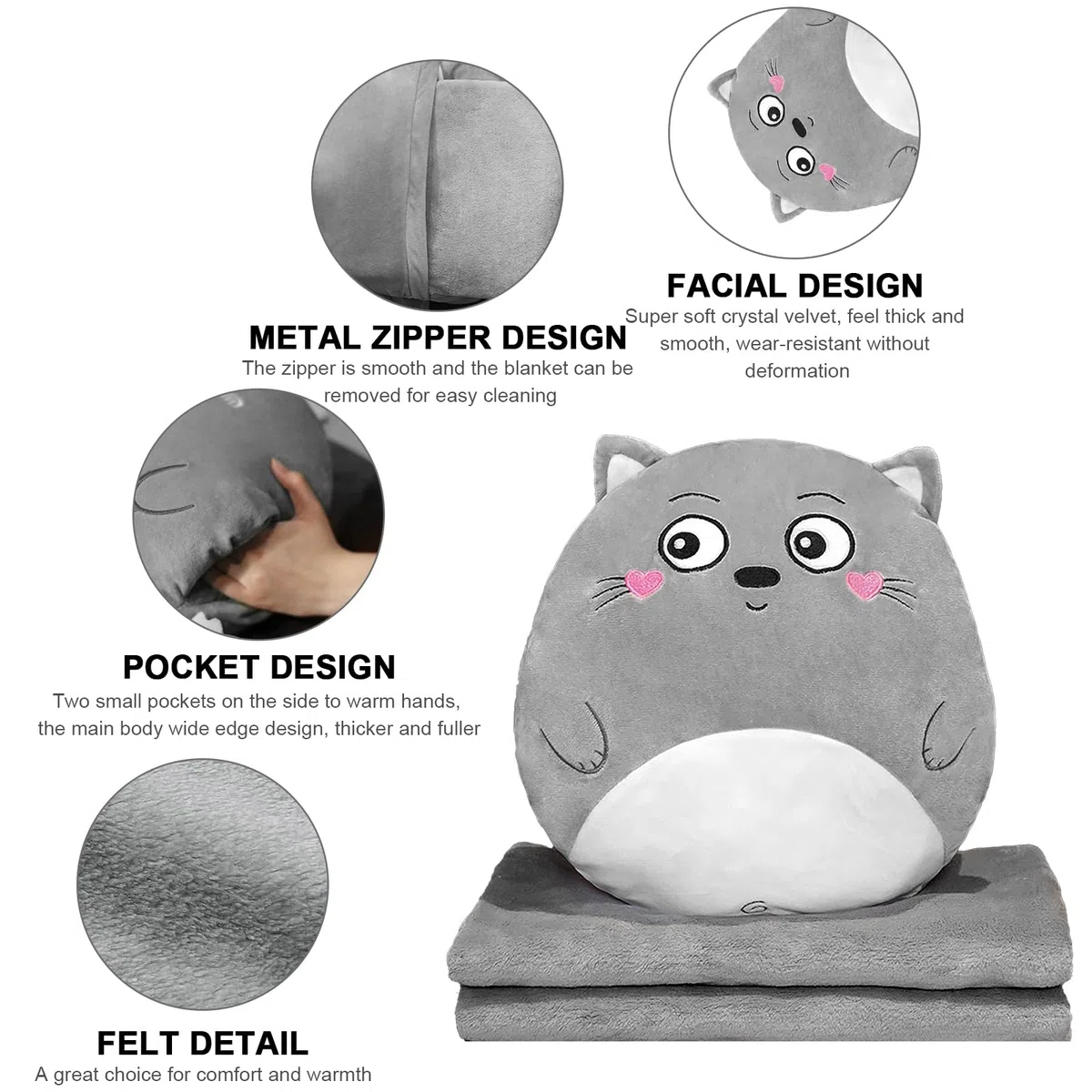 Manta de viaje y almohada con funda, manta de viaje y almohada 3 en 1, cojín para siesta, cojín para respaldo de coche para niños y amigos (gatos
