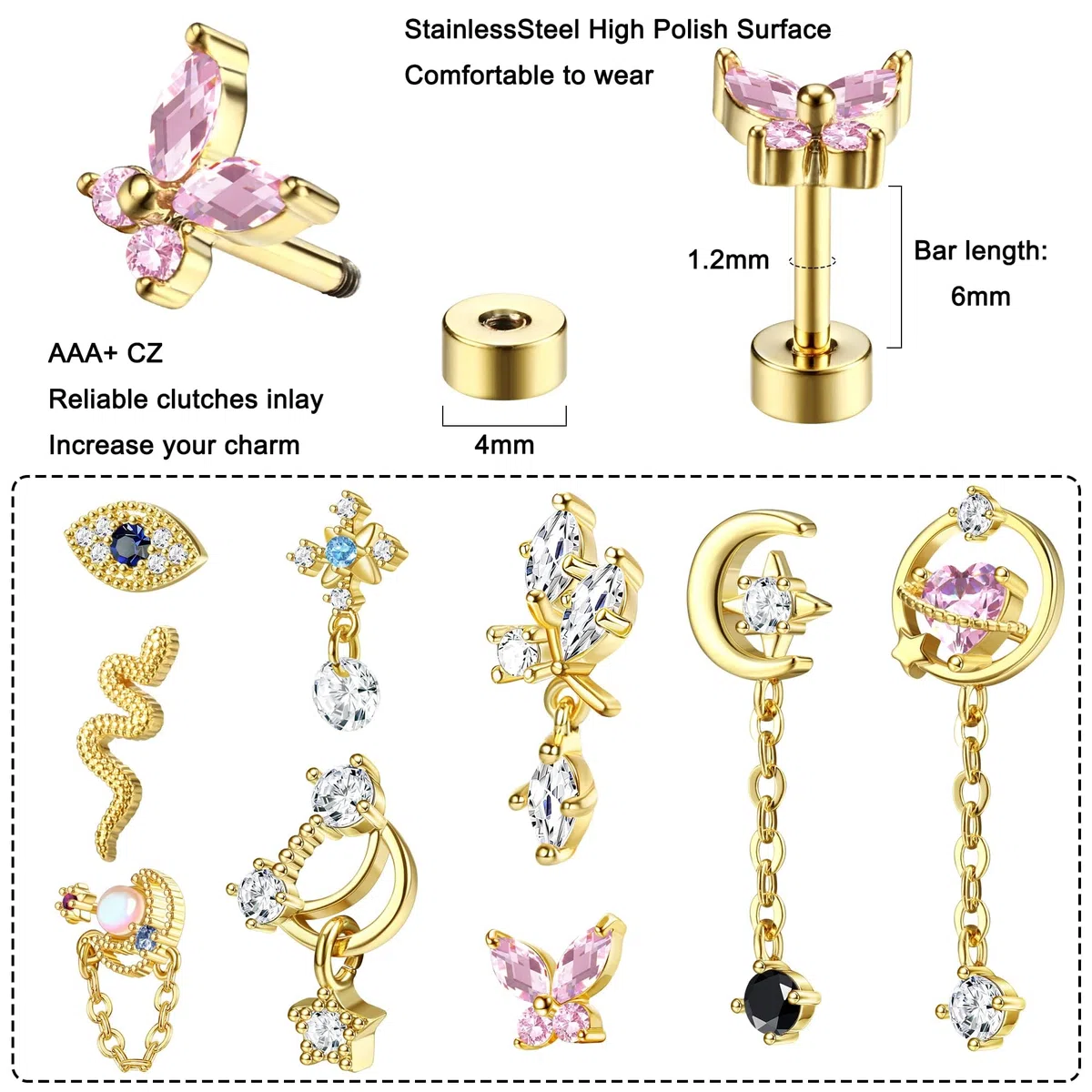 Kakonia 9 aretes de tuerca para mujer, aretes de cartílago de 16 g, corazón y estrella de circonita cúbica, aretes colgantes de mariposa de acero inoxidable, aretes de espalda plana, serpiente, mal de