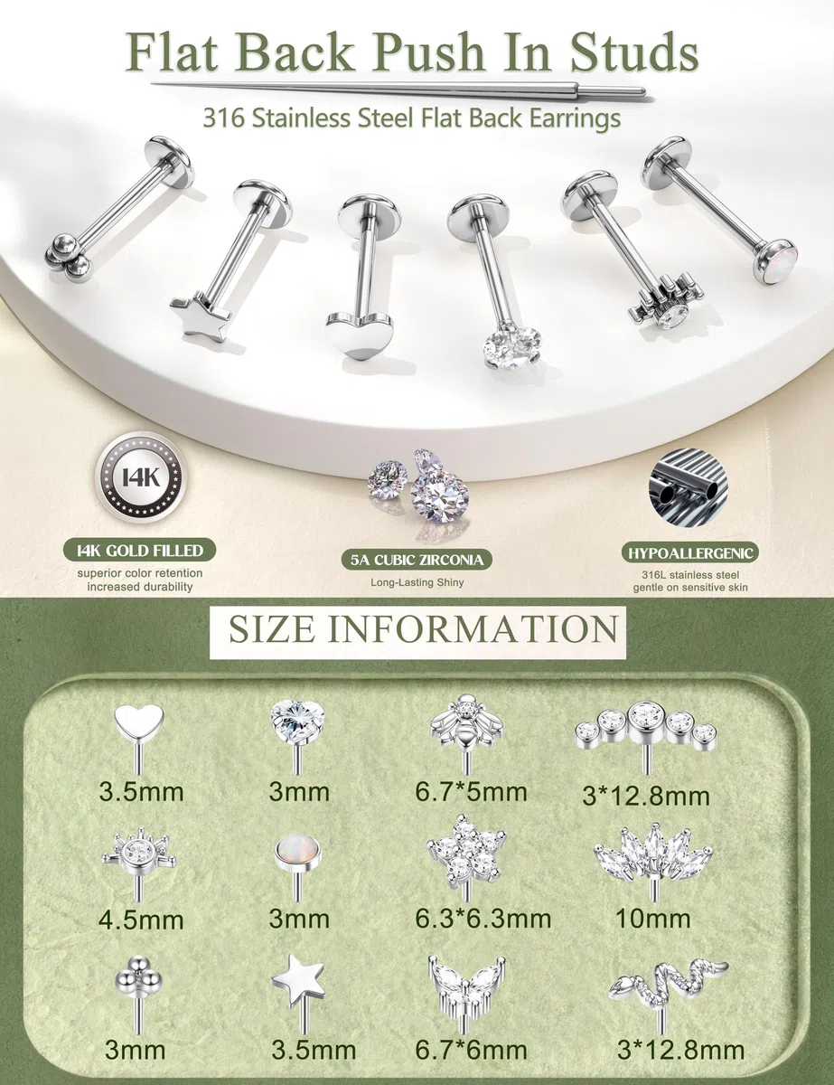 JeweBella 12 Piezas Piercing Labret Acero Quirurgico Para Mujer Piercing Oreja Plata/Oro Estrella Corazón Serpiente Pendientes Cartílago Piercing Nariz Helix Tragus