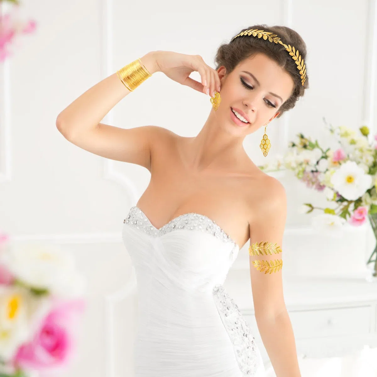 10 Accesorios Diosa Griega,Juego de Joyas Perla Conjunto Bisuteria Mujer Accesorios Romano Corona de Hojas Juego de Joyas para Mujer Oro Greek Goddess Bisuteria Joyería para Fiesta