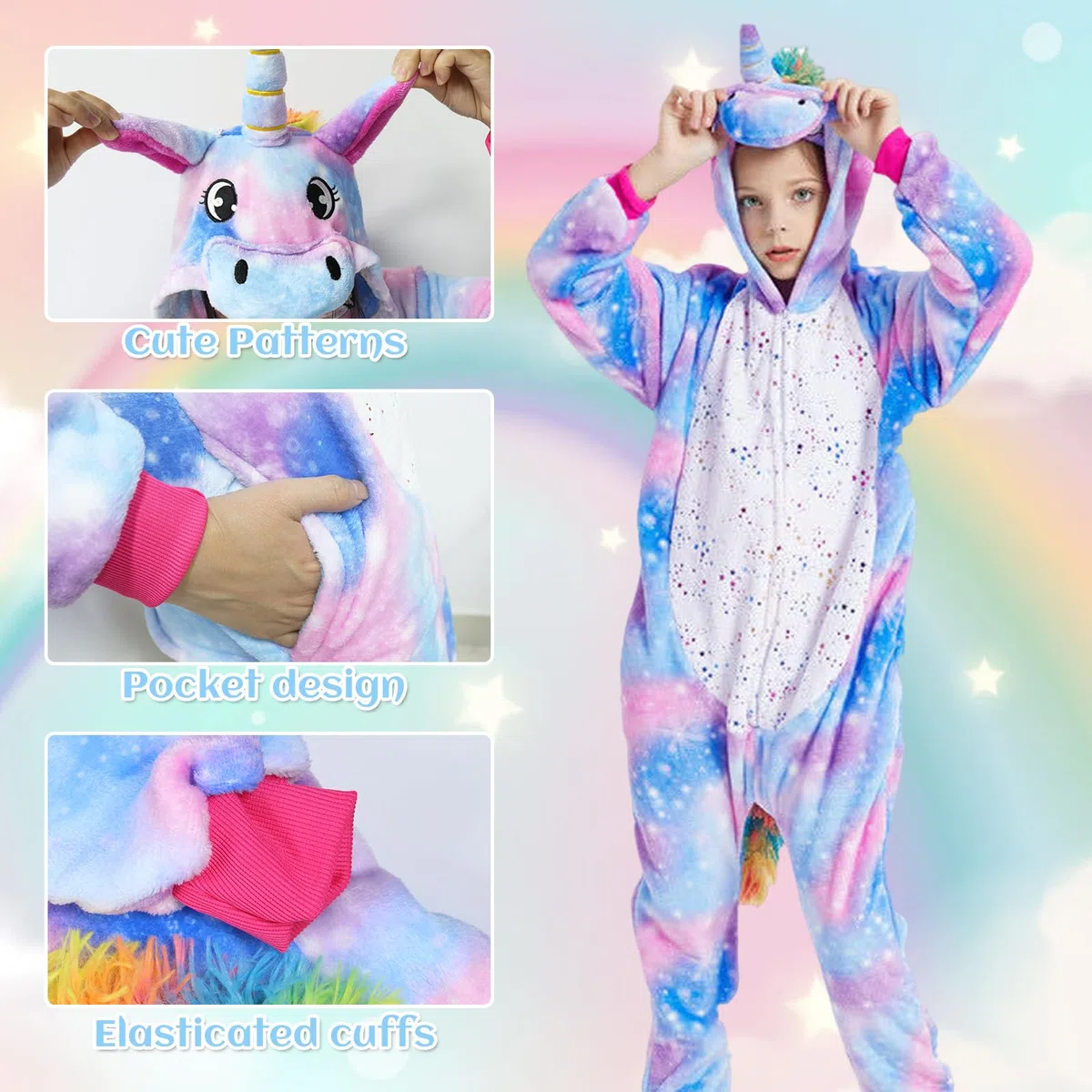 Pijama de unicornio para niños, pijama con capucha, mono, conjunto de pijama, ropa de dormir con capucha, pijama de animales, suave, cosplay, disfraz de Halloween, carnaval, fiesta