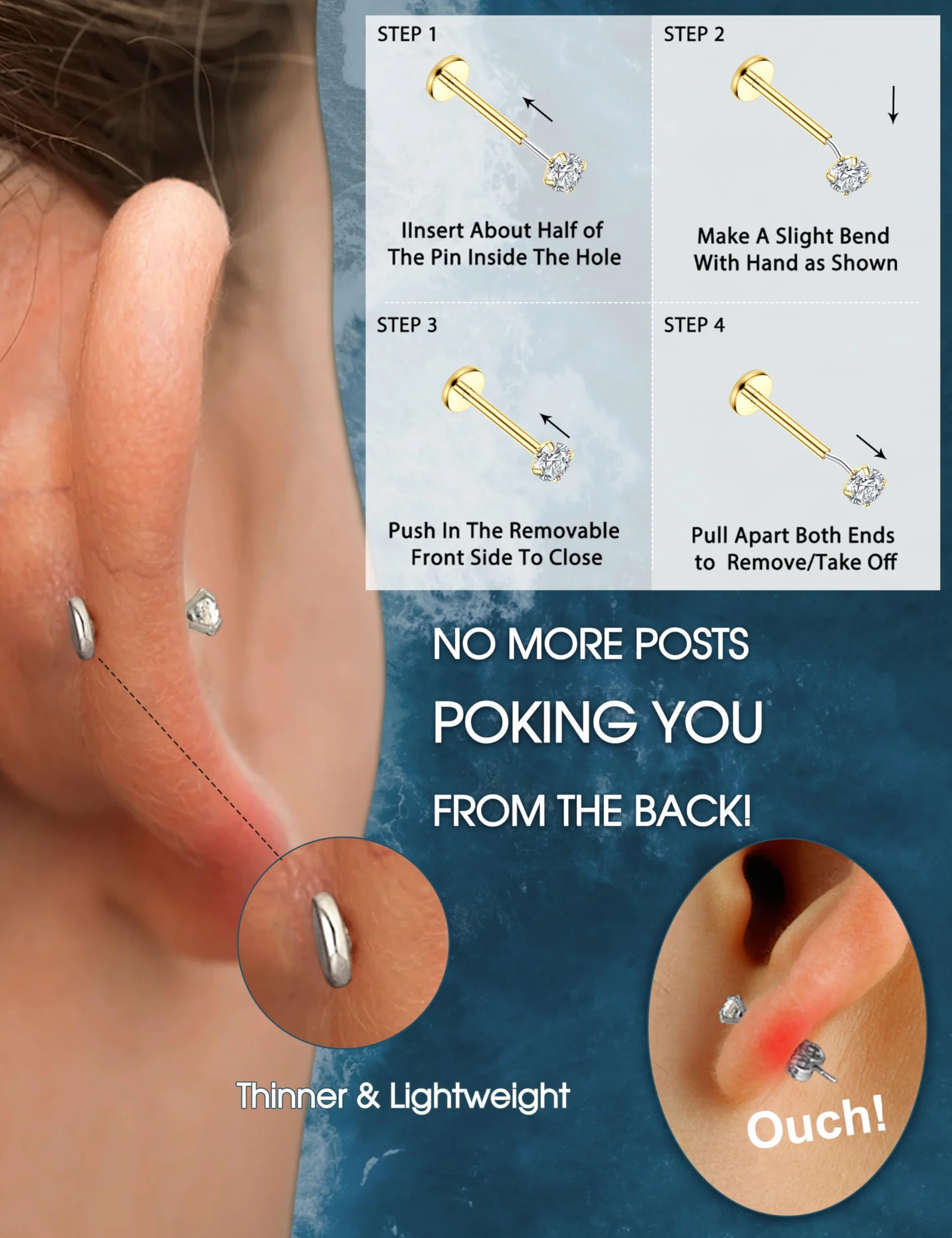 LOLIAS 28 Piezas Tragus Piercing Acero Inoxidable 16/20G 6/8mm Hombres Helix Piercing Labio Medusa Stud Pendientes Nariz Estrella Corazón CZ Ópalo Piercing Oreja Cartilago Joyas para Mujeres