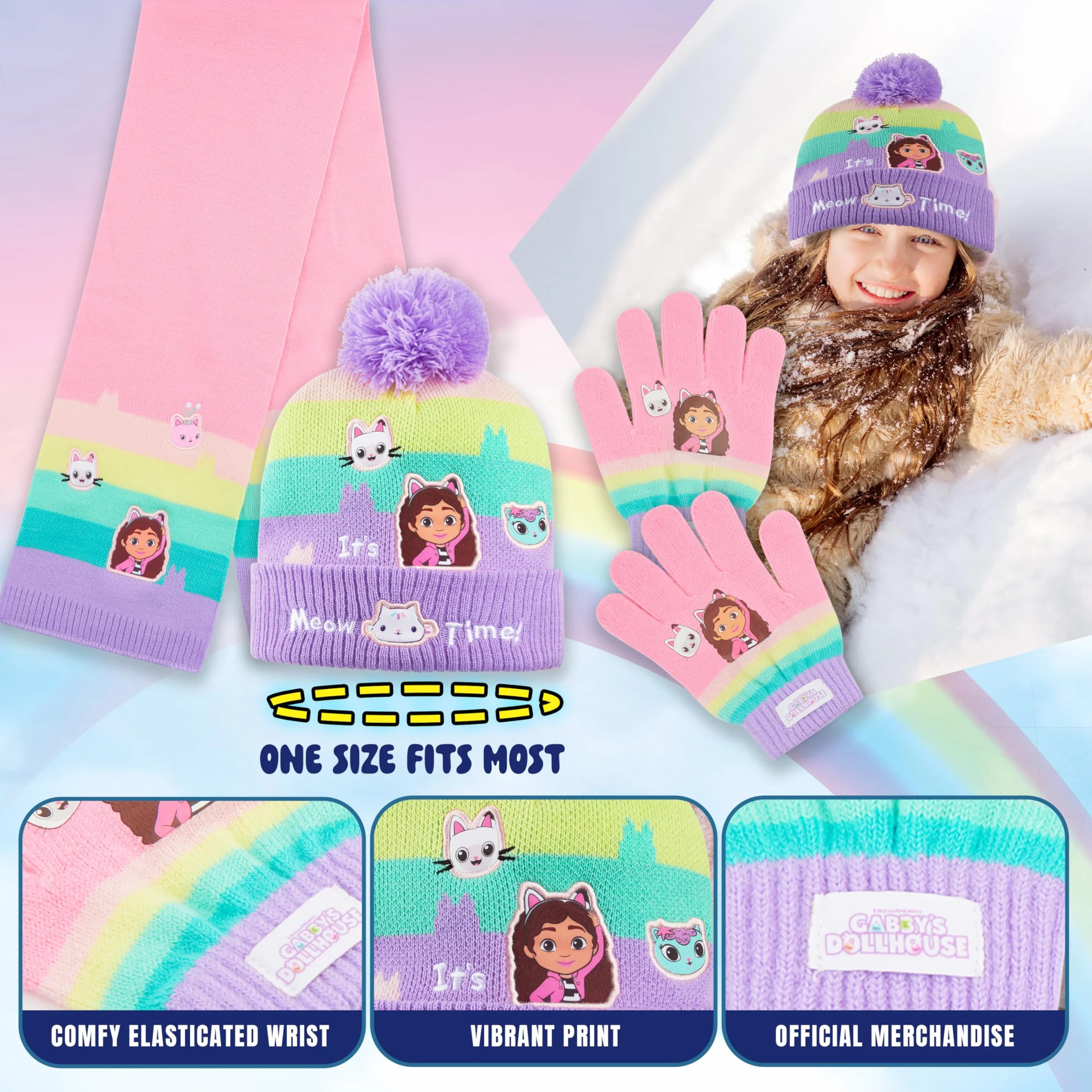 Gabby's Dollhouse Set de Invierno 3 Piezas, Gorro, Bufanda y Guantes para Niñas