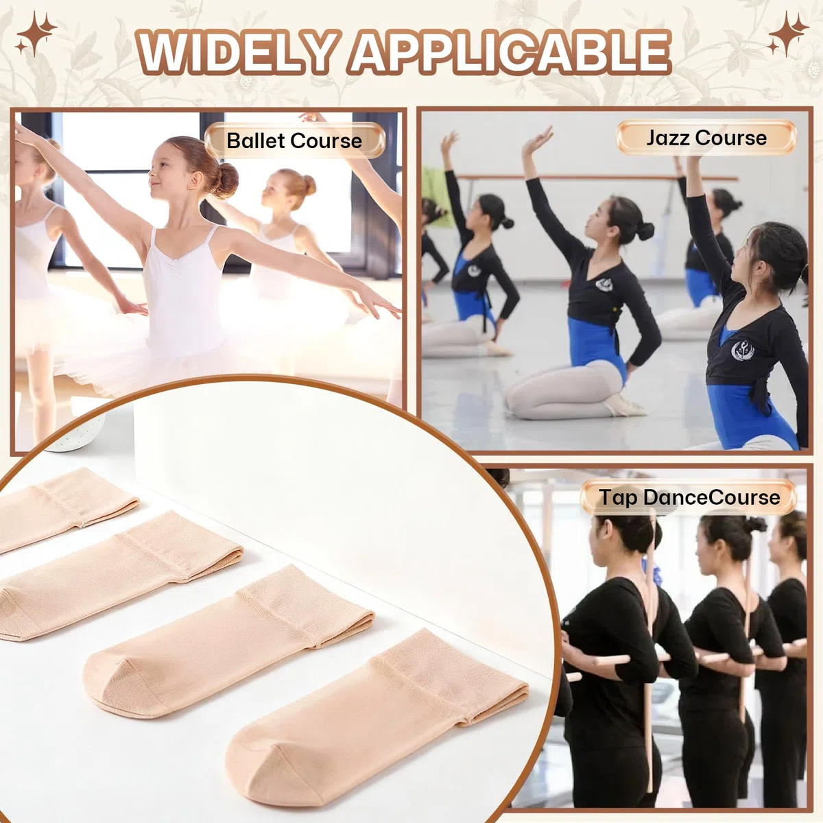 SPATUAMZ 3 pares de calcetines de ballet para niñas, sin costuras, suaves, transpirables, elásticos, para niños, para pies de 15,5 a 17 cm, jazz, yoga, gimnasia
