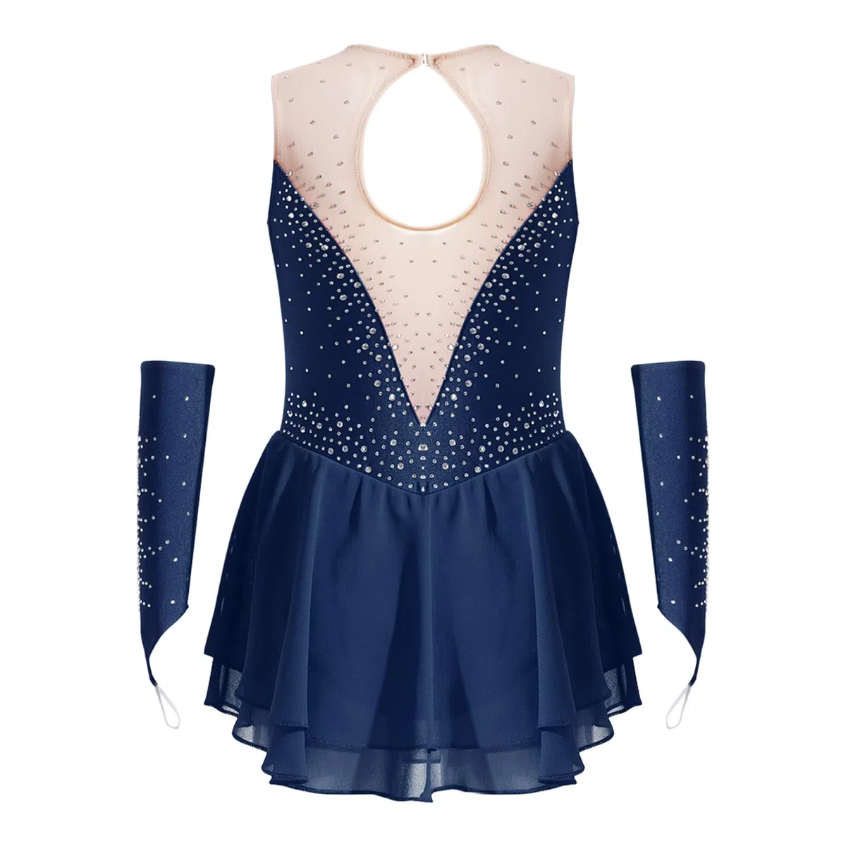 Vestido de patinaje artístico para niña (leotardo, vestido de baile con pedrería, con puños de competición, espectáculo