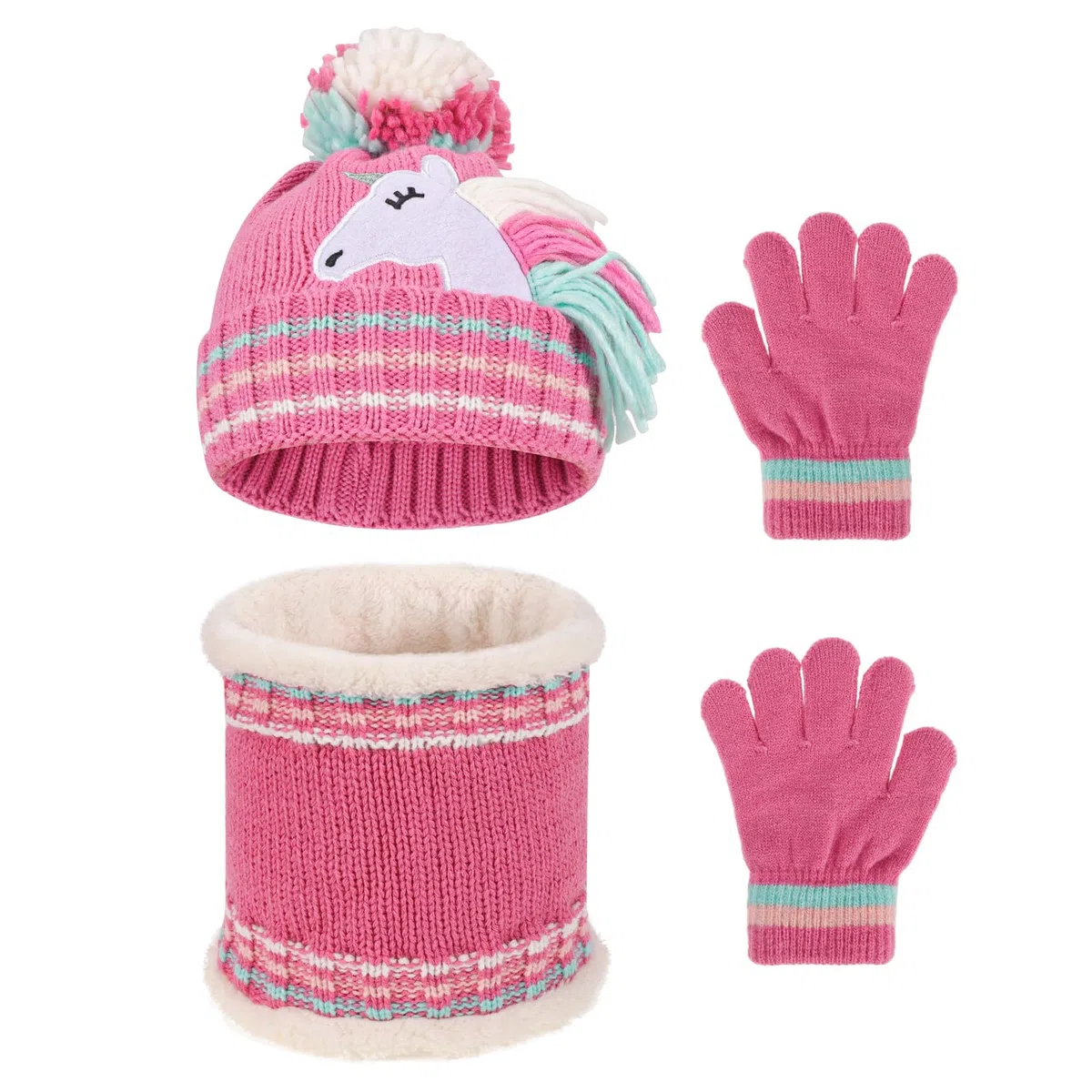 QKURT Conjunto de gorro y bufanda de invierno para niños, suave y cómodo gorro de punto, calentador de cuello, gorro de bola esponjoso, forro polar suave, manoplas para niños de 3 a 8 años