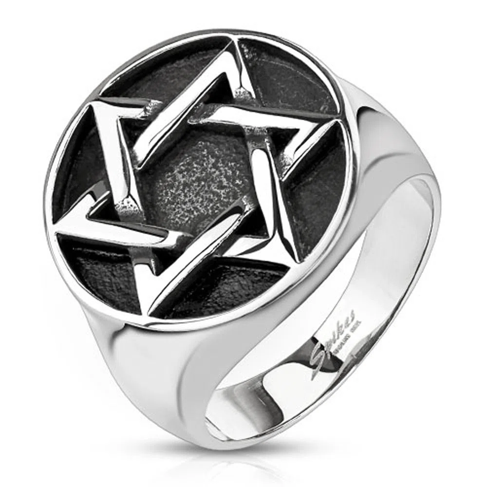 Anillo unisex de acero inoxidable 316L, diseño de estrella de David maciza, estilo gótico y hexagrama de plata