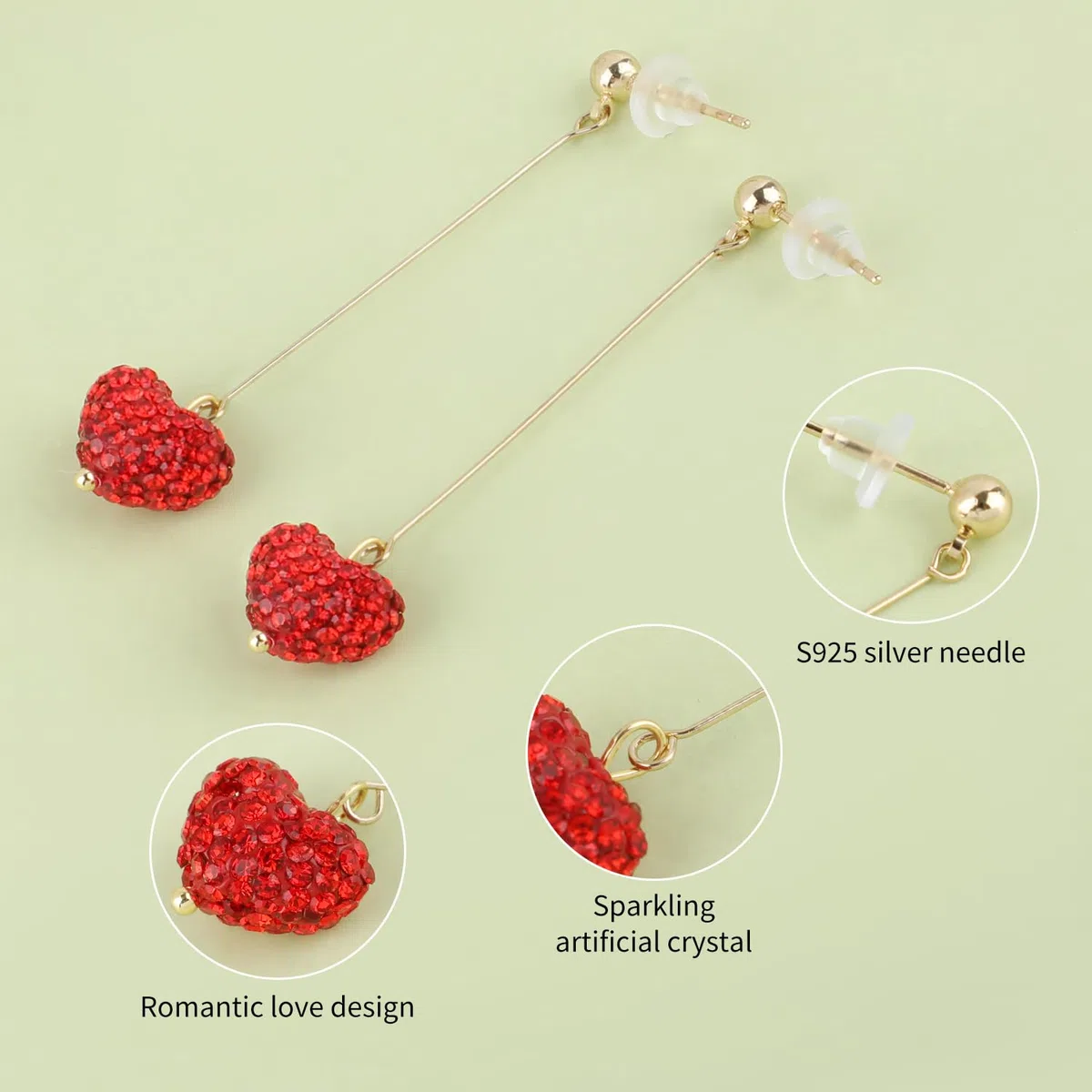 Pendientes de corazón rojo, pendientes colgantes de corazón, pendientes románticos de diamantes de imitación, adecuado para novia regalo de San Valentín, Cristal sintético