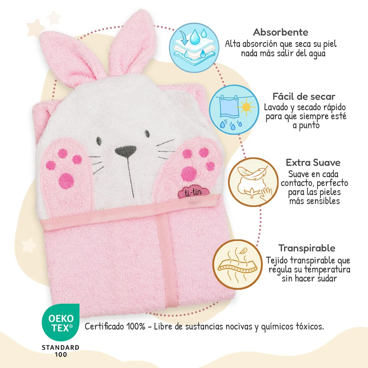 Ti TIN Albornoz infantil con capucha de orejitas de conejo para bebés de 3 a 9 meses 90% algodón rizo 10% poliéster medidas 63x33 cm transpirable absorbente extra suave fácil secado y lavado