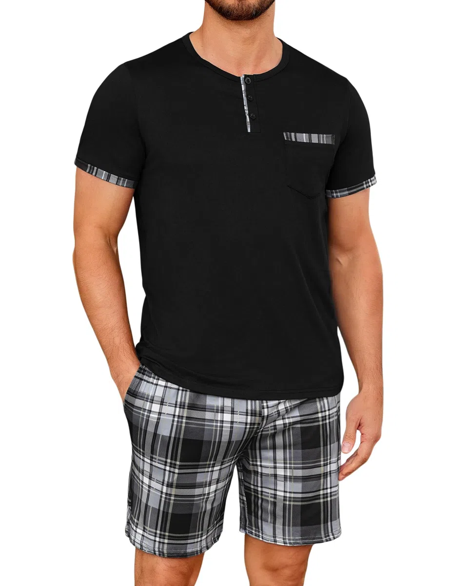 Uniexcosm Pijamas Hombre Verano Corto Algodón, Pijamas Cuadros Hombre Pijama Algodón Ropa de Casa Cuello Redondo con Abertura Abotonada Manga Corta con Bolsillos y Pantalón con Bolsillo