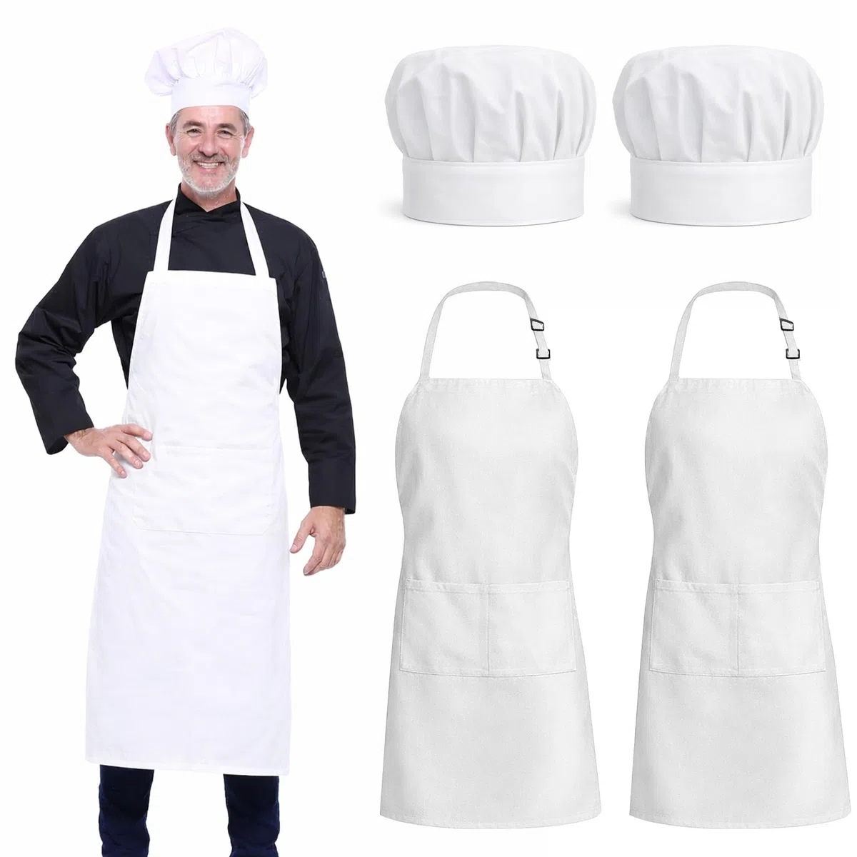 2 Gorros de Cocinero y 2 Delantales de Chef Adulto Unisex Color Blanco, Delantal de Trabajo Ajustable Impermeable con Doble Bolsillo, Set Completo para Cocina Profesional