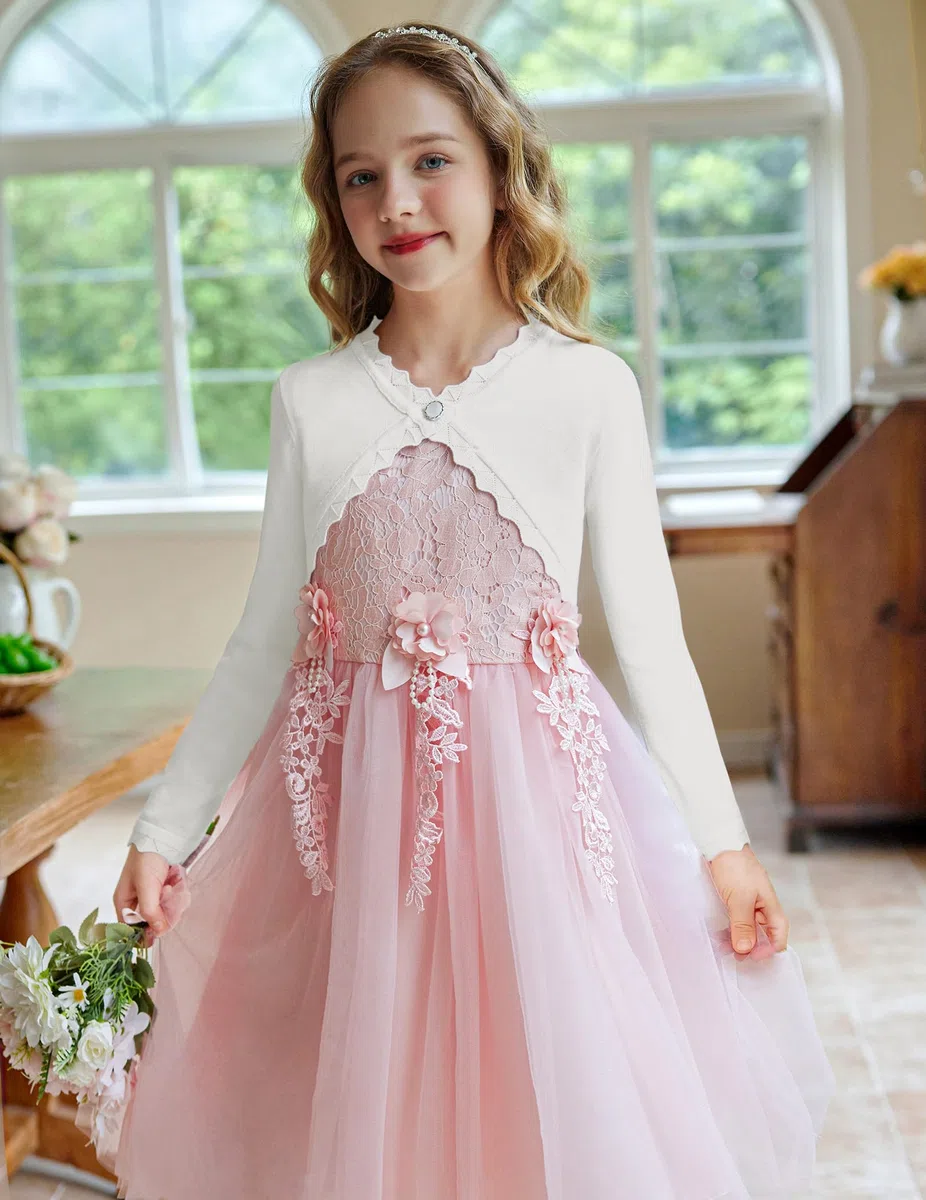 trudge Cárdigan Básico para Niña Bolero de Manga Larga para Niños Chaqueta de Hombro Chaqueta de Bolero Corto para Vestido de Comunión Vestido de Bautizo