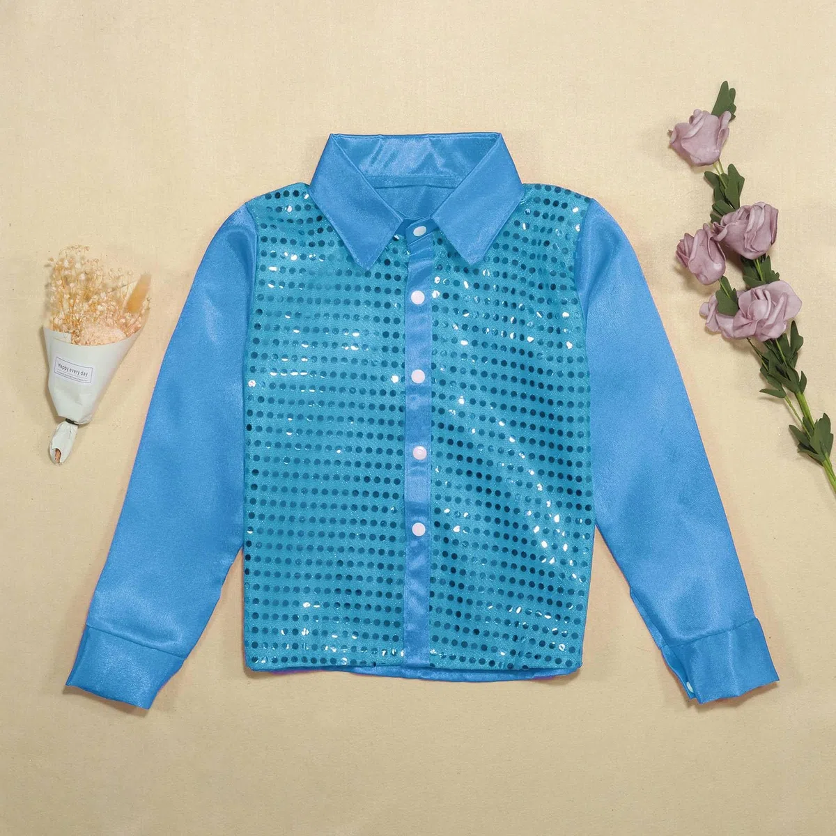 Camisa de manga larga para niños y niñas, con lentejuelas brillantes, camiseta de manga larga con botones para disfraz de danza de jazz, camisa blanca para niños, azul celeste, 7-8 años