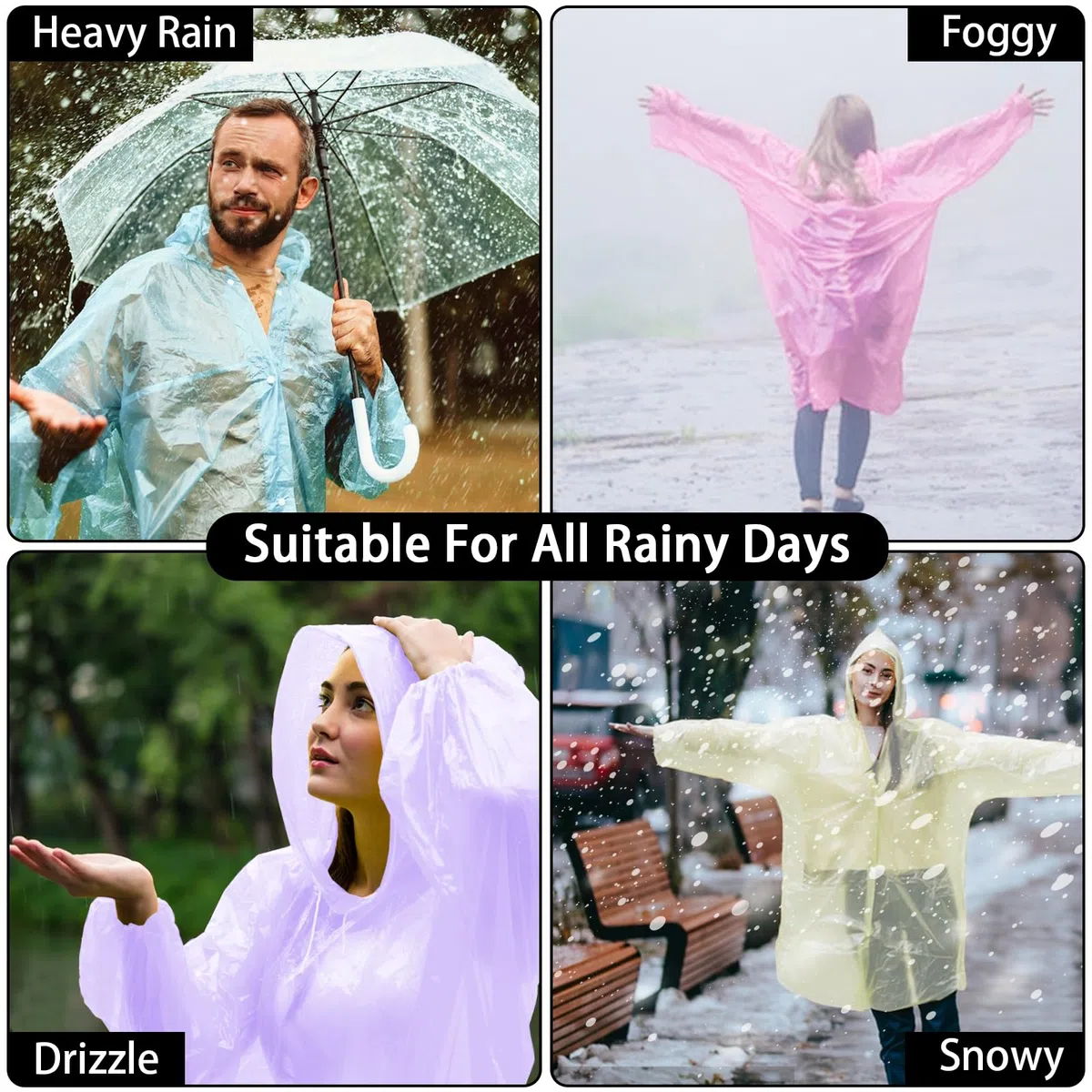 Chubasqueros Impermeable, 5 Pcs Poncho de Lluvia Desechables Portátil, Chubasquero Emergencia, Ponchos Impermeables con Capucha y Mangas, para Hombre Mujer Viajes Concierto Exteriores