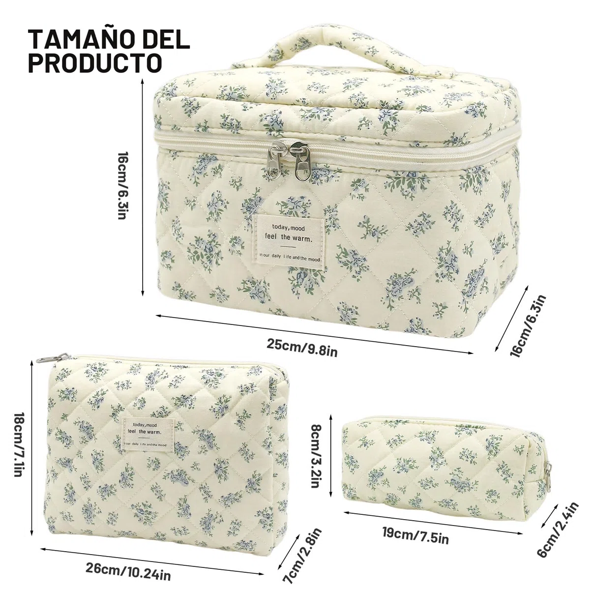 3 Piezas Neceser Mujer con Estampado de Flores, Neceser Viaje Mujer de Algodón, Neceser Mujer Maquillaje, Neceser de Viaj, Neceser Mujeres Grande para Mujeres y Niña (Flores Azules)
