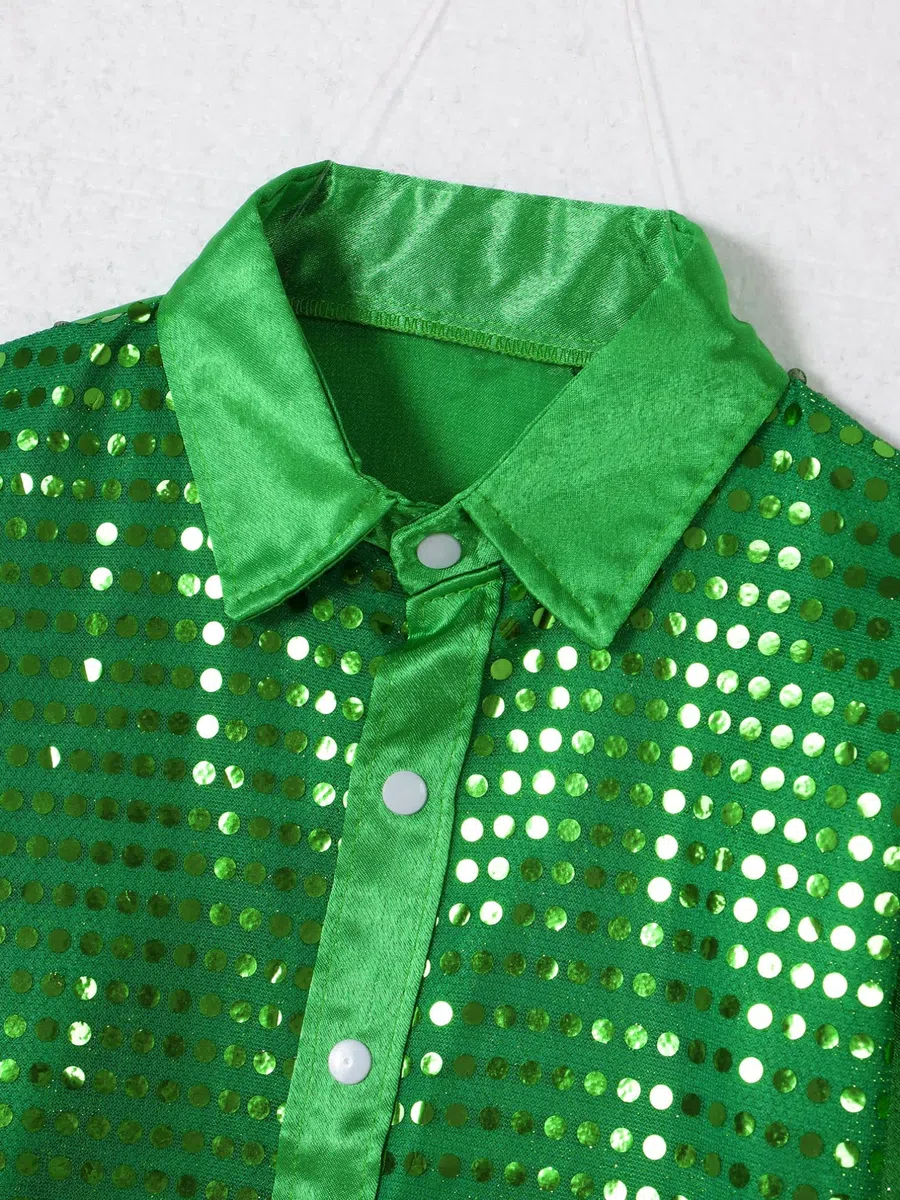 iiniim Camisa de Manga Larga Niño Niña Camisa Lentejuelas Traje Hip Hop Top Blusa Brillo para Coro Ropa de Danza Jazz Baile Actuación Música Fiesta Navidad Carnaval