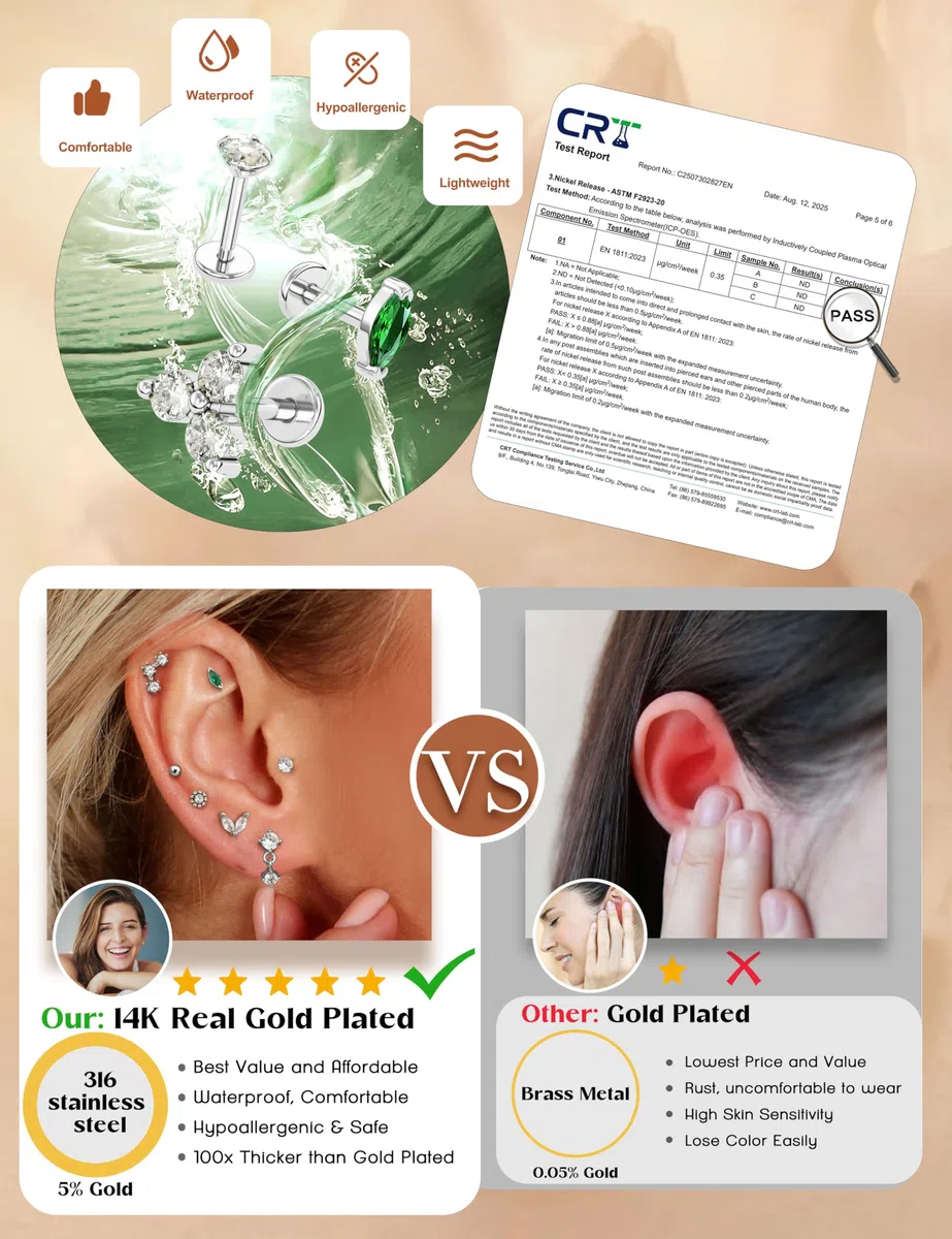 KRFY 16g/18g Piercing Tragus Oreja Nariz Helix Oro/Plata Roscado Interno Piercing Labio Hipoalergénico Acero Quirurgico Piercings Conch Cartílago 6/8MM