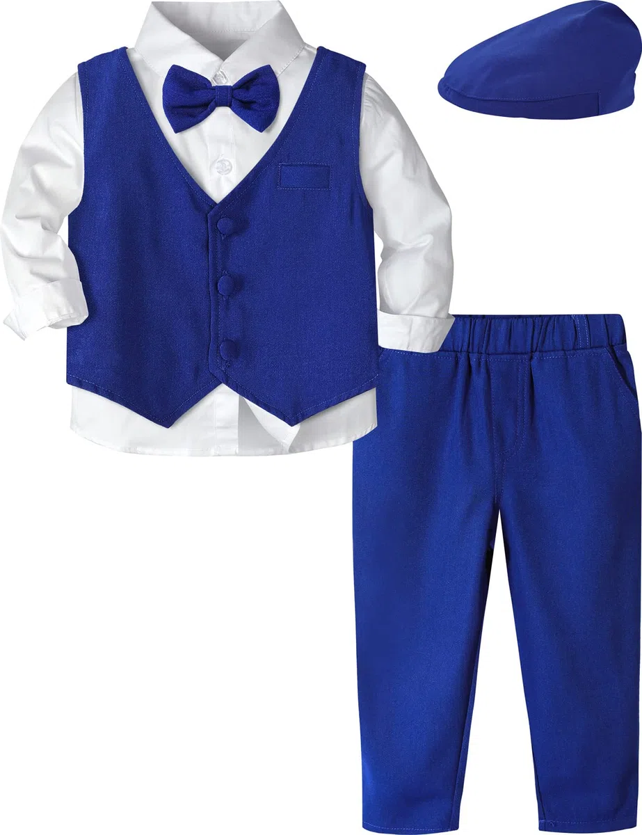 mintgreen Bebé Niños Traje 4pcs Boda Camisa + Pantalones + Chaleco + Pajarita + Gorra Conjuntos 1-4 Años
