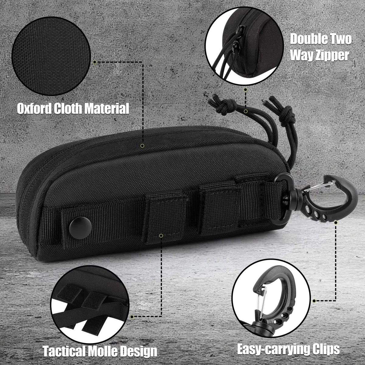 MoKo Estuche para Gafas MOLLE Táctico, Funda de Gafas de Sol de Tela Oxford Impermeable Bolsa de Gafas Portátil Antichoque con Cremallera y Mosquetón para Senderismo Actividad al Aire Libre, Negro