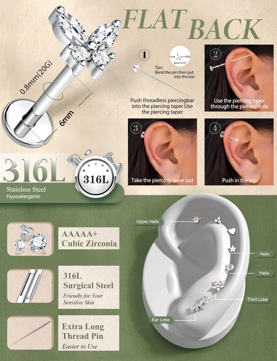 JeweBella 12 Piezas Piercing Labret Acero Quirurgico Para Mujer Piercing Oreja Plata/Oro Estrella Corazón Serpiente Pendientes Cartílago Piercing Nariz Helix Tragus