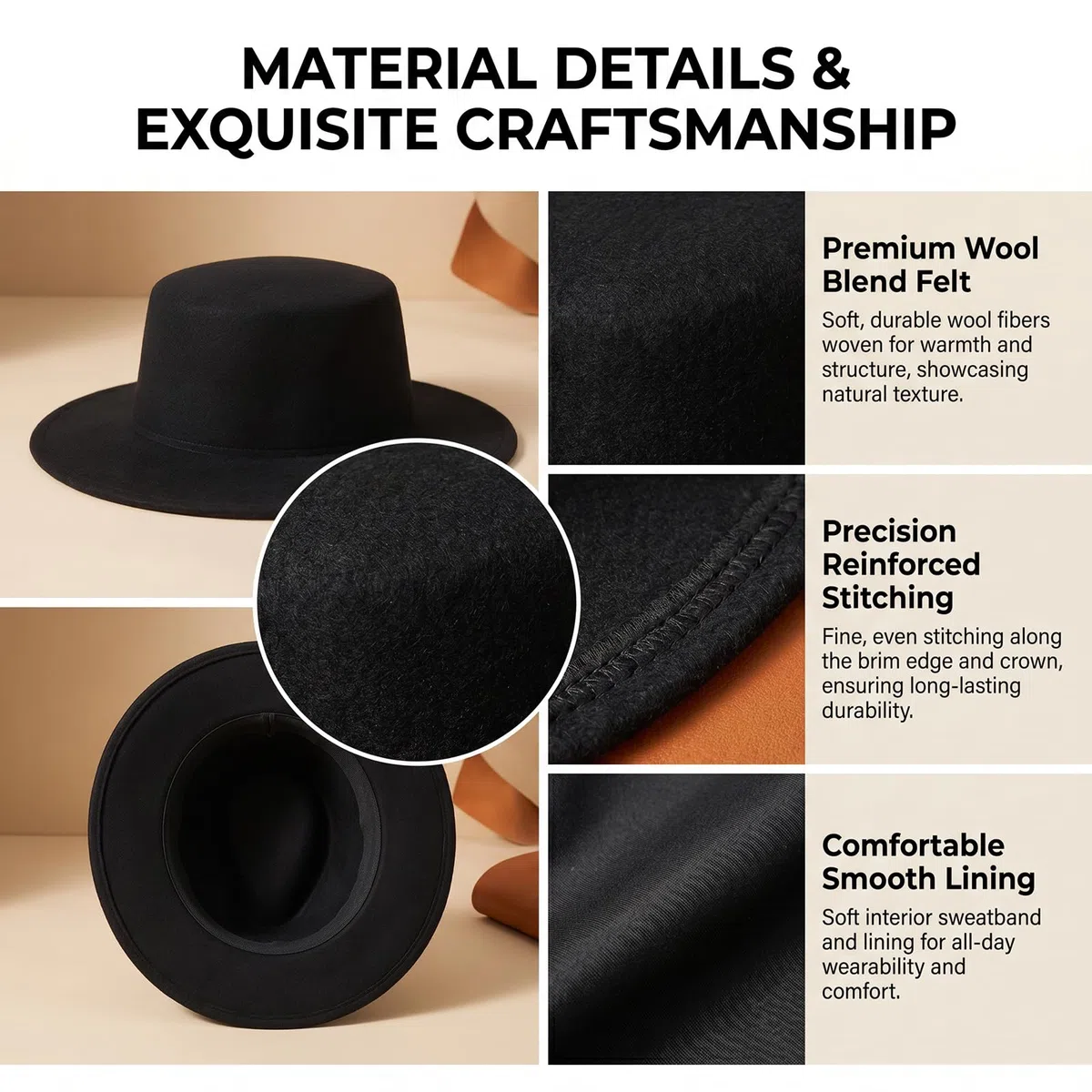 QUUPY Sombrero Fedora negro de mezcla de lana con ala plana Gorra de bolos estilo panamá sombrero de jazz para boda Talento Performance Unisex