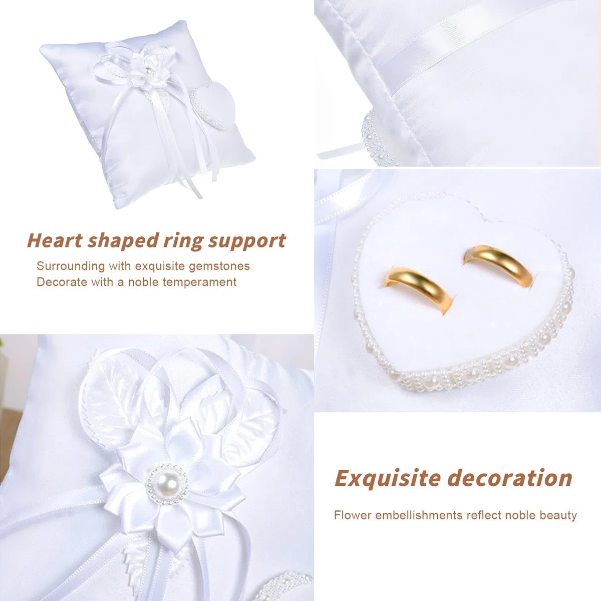 Cojin de Anillos Boda, Porta Alianzas Blanco Anillos de Boda Almohada 20x20cm con Cinta y Perlas Artificiales Accesorios de Compromiso de Boda (Cojin de Anillos 1)