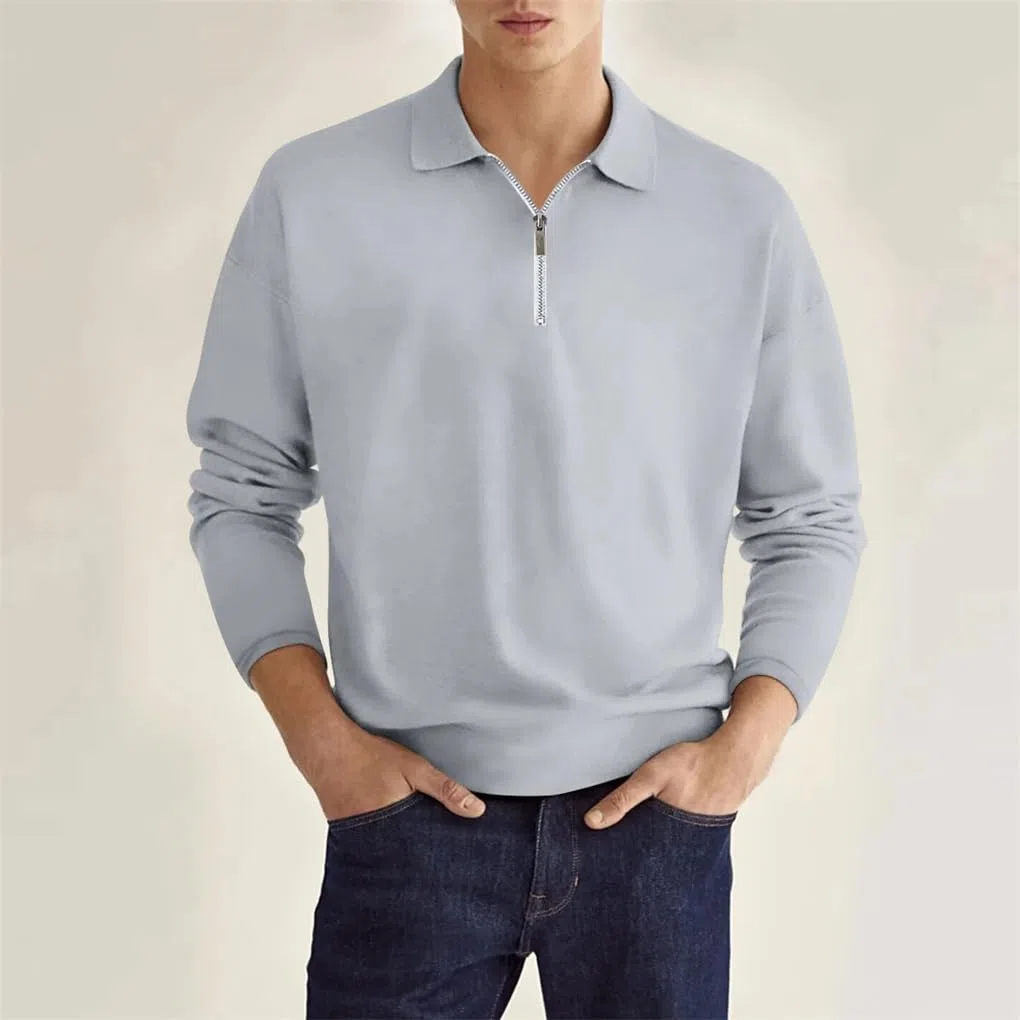Rfmfkkg Polo de manga larga con cremallera de color sólido para hombre, estilo casual