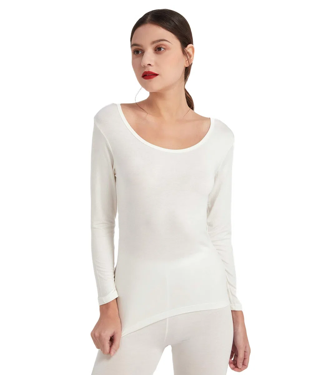 Mcilia Camiseta Interior para Mujer de Capa Térmica Modal de Manga Larga con Cuello Redondo Bajo
