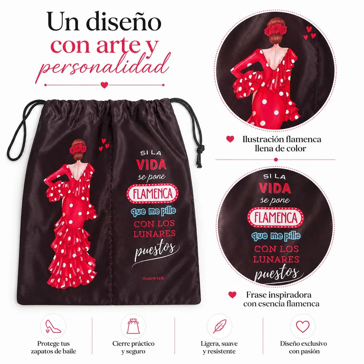 Bolsa para Zapatos Flamenca Macarena illustrArte – 40 x 40 cm – con Cordón de Cierre y Doble Compartimento – Separador para Cada Zapato – Bolsa de Viaje para Calzado