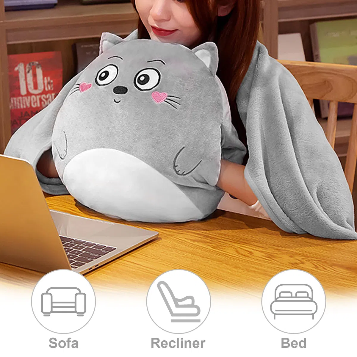 Manta de viaje y almohada con funda, manta de viaje y almohada 3 en 1, cojín para siesta, cojín para respaldo de coche para niños y amigos (gatos