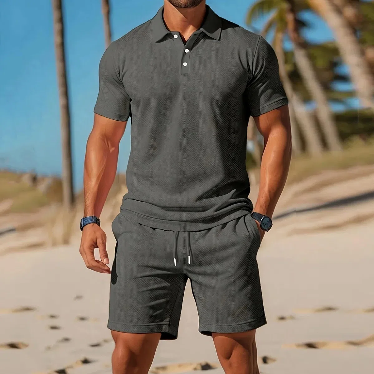 Conjunto de 2 piezas de polo y pantalones cortos para hombre, ropa deportiva de verano con botones sólidos, transpirables, conjuntos de camisas y pantalones cortos a la moda, casual, traje de gimnasio