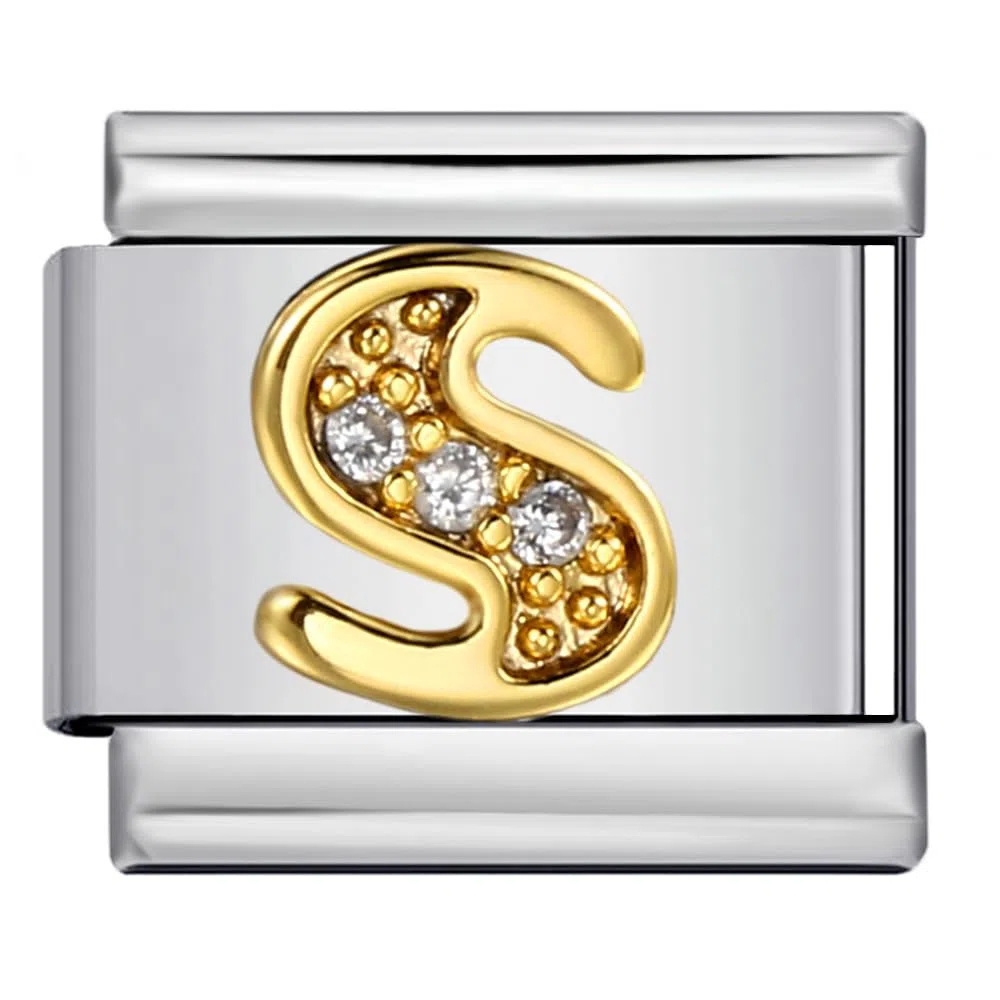 A-Z - Abalorio de pulsera de acero inoxidable con letra inicial de cristal blanco y oro personalizable para cumpleaños, plata italiana de 9 mm, compatible con nomination