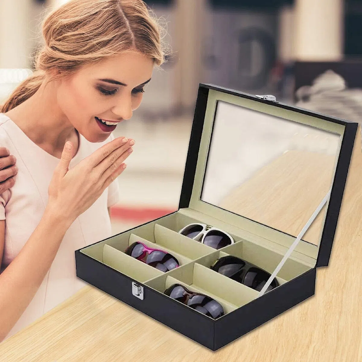 Caja Organizadora de Gafas con Tapa de Cristal y Cajones – Estuche Expositor de Gafas de Sol y Joyas, Cuero Sintético Premium, Gran Capacidad, para Hombre y Mujer (Una planta)